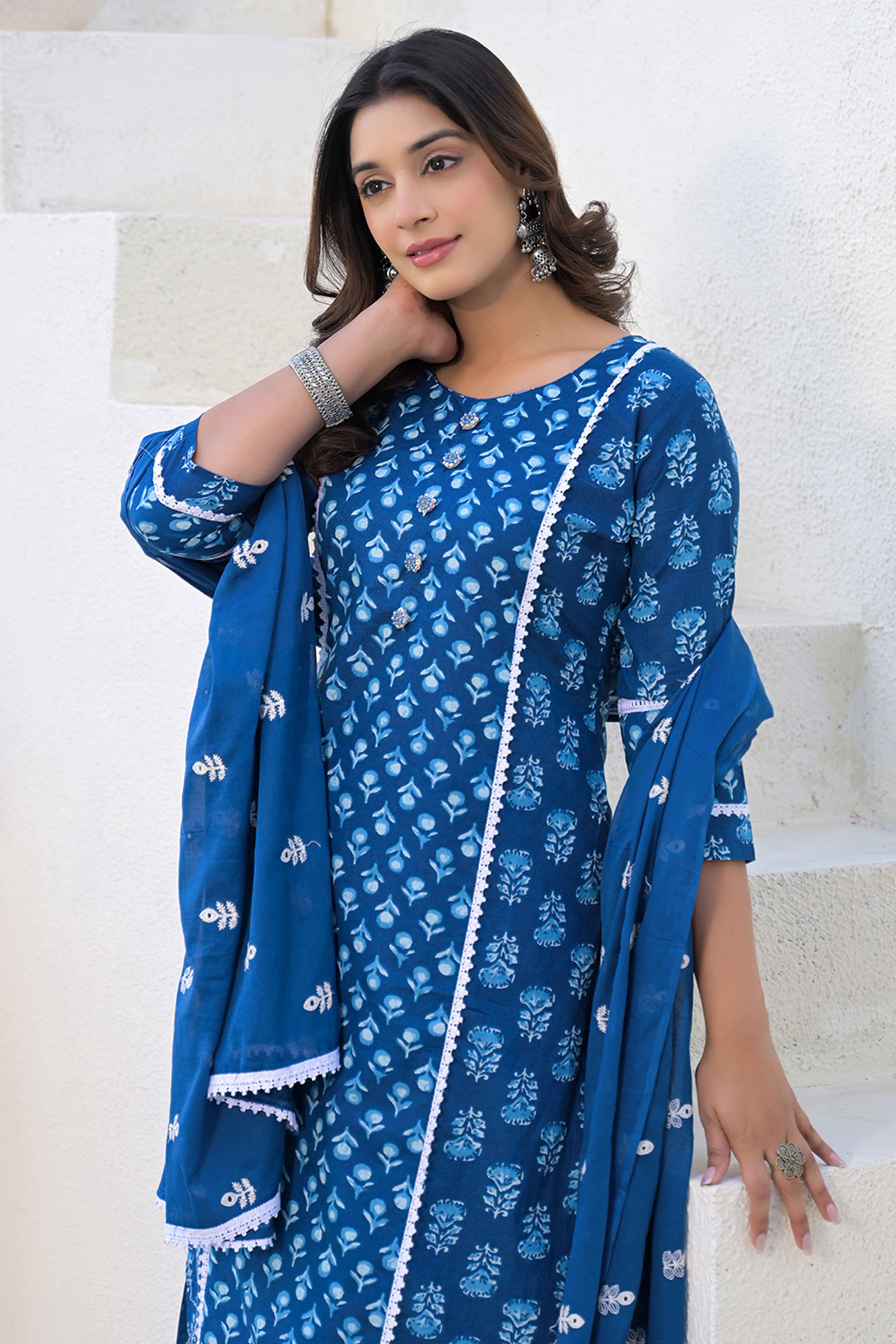 Navy Blue Floral Printed Cotton Suit With Straight Cut Design