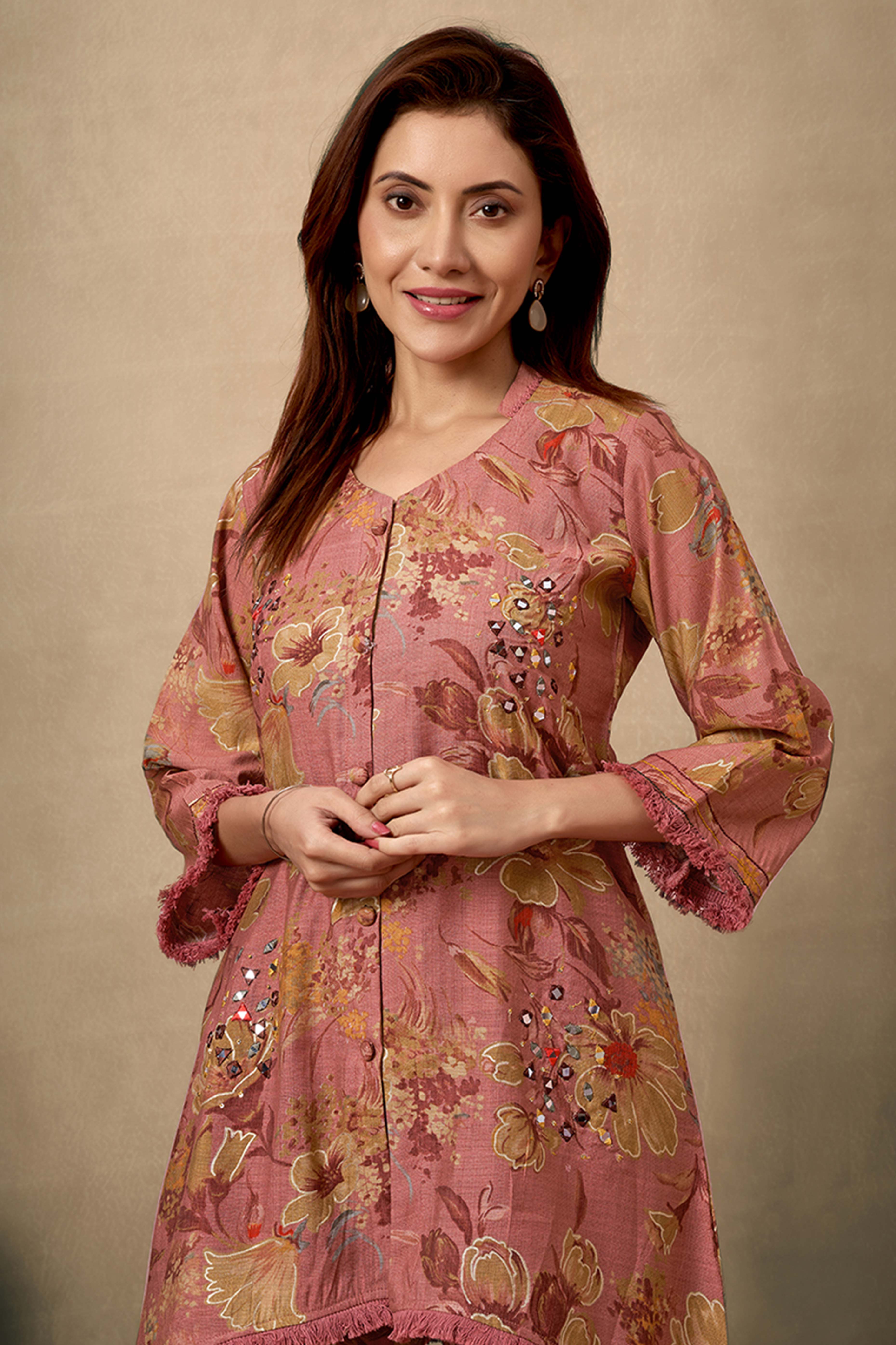 Dark Mauve Pure Cotton Floral Co-Ord Set with Handcrafted Mirror Work