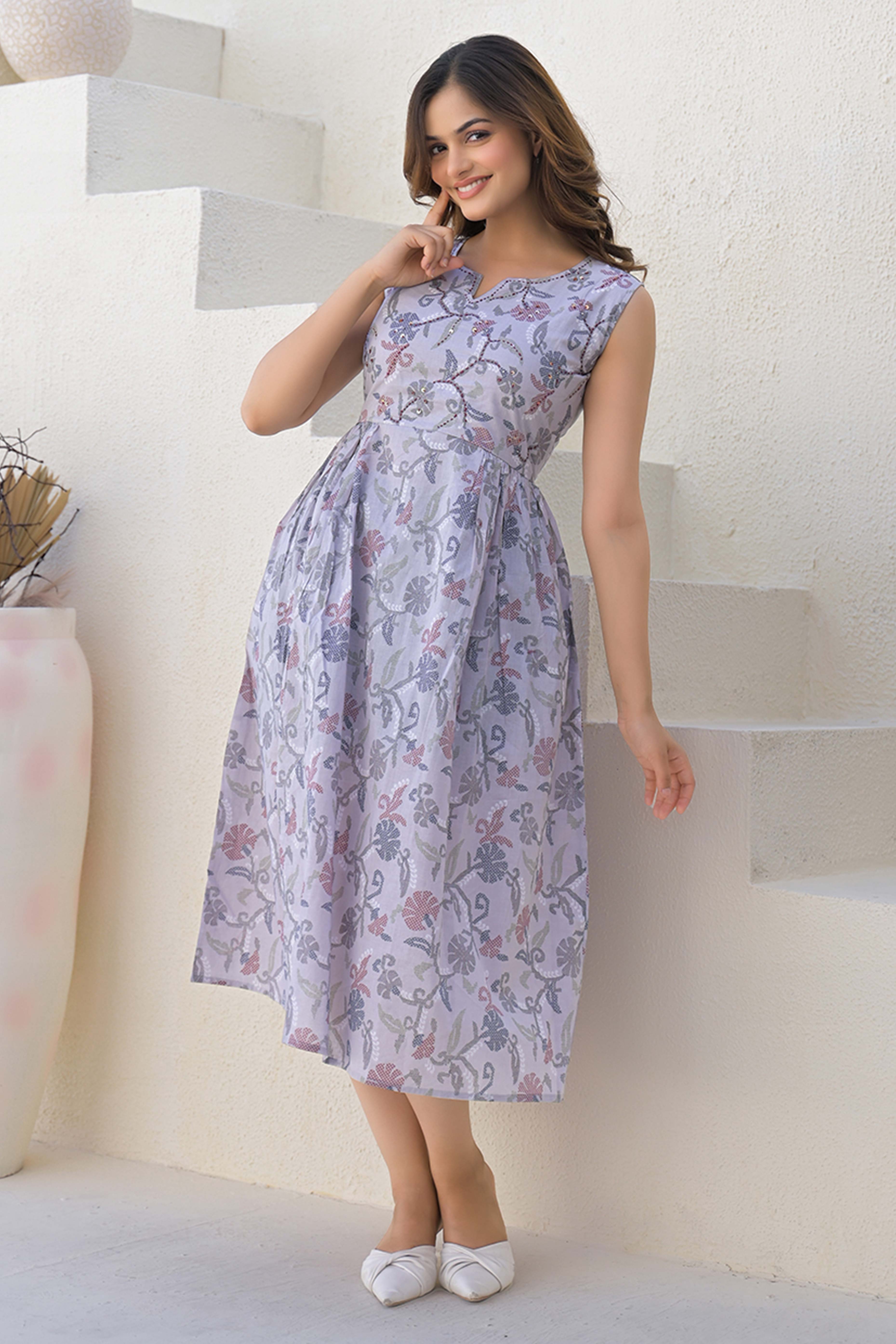 Light Grey Cotton A-Line Dress with Hand Embroidered Florals