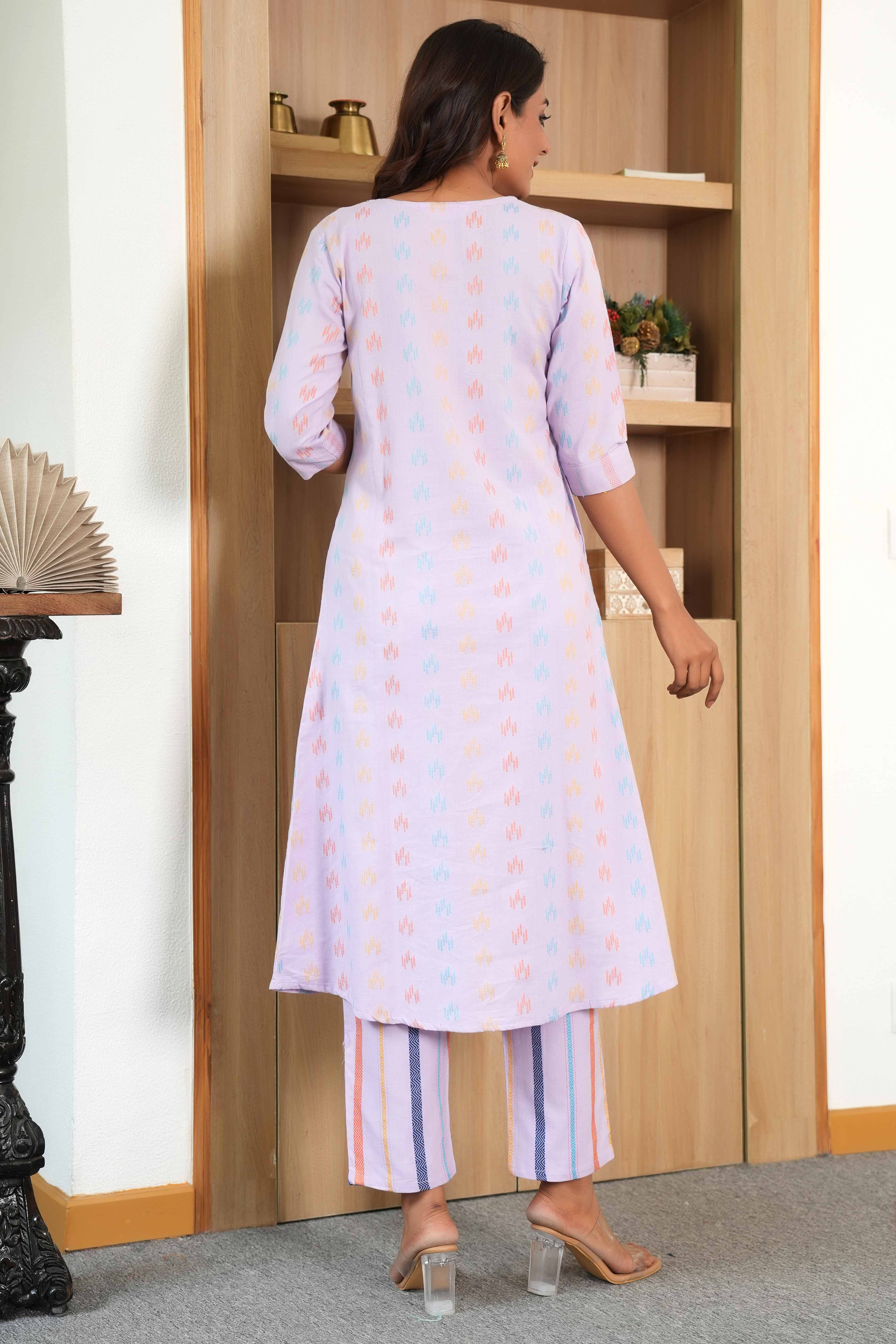 Lavender Textured Weave Pure Cotton Kurta Set – A-Line Style