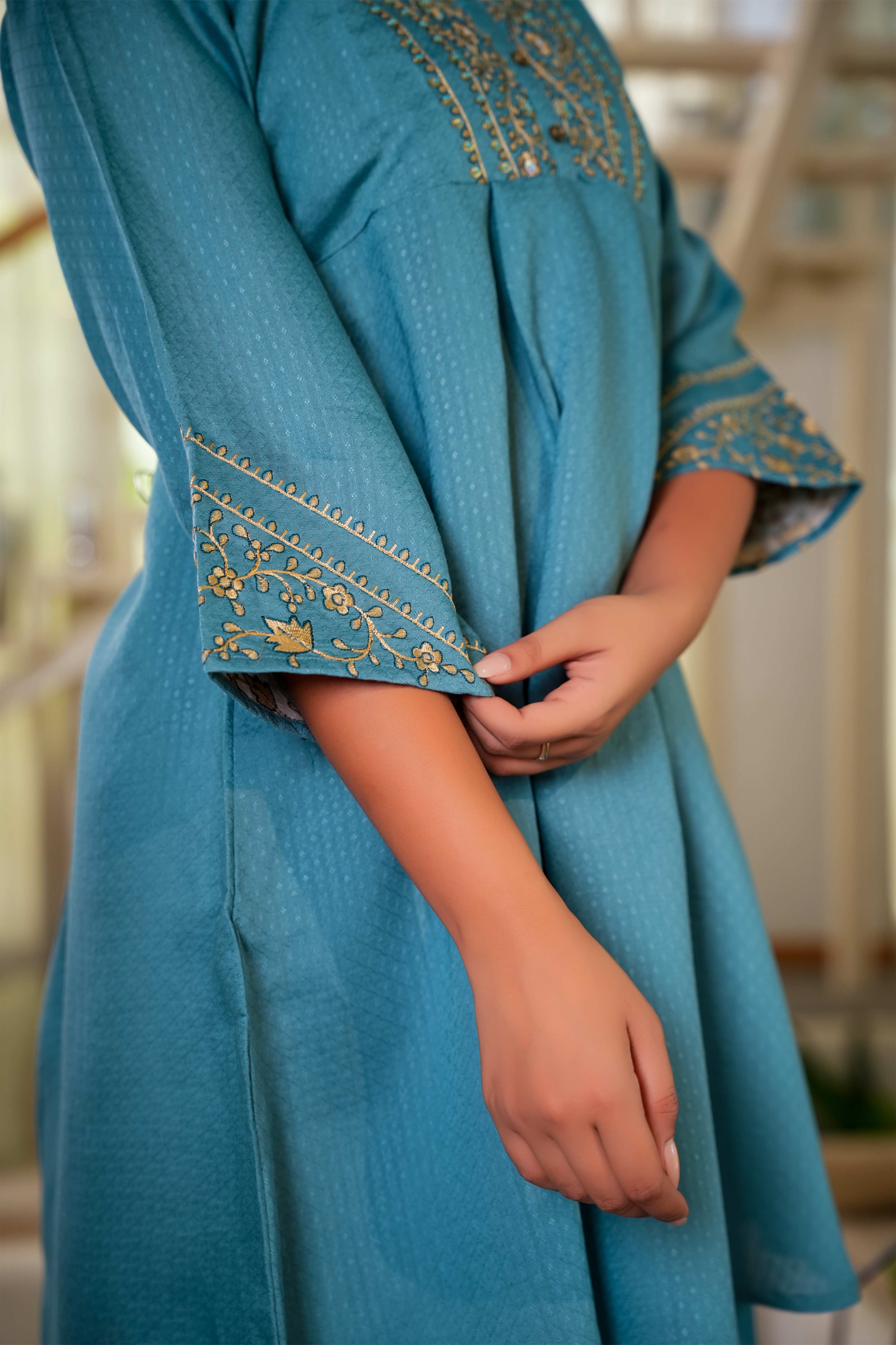 Sea Green Co-Ord Outfit in Viscose Fabric with Neck Embroidery Accent