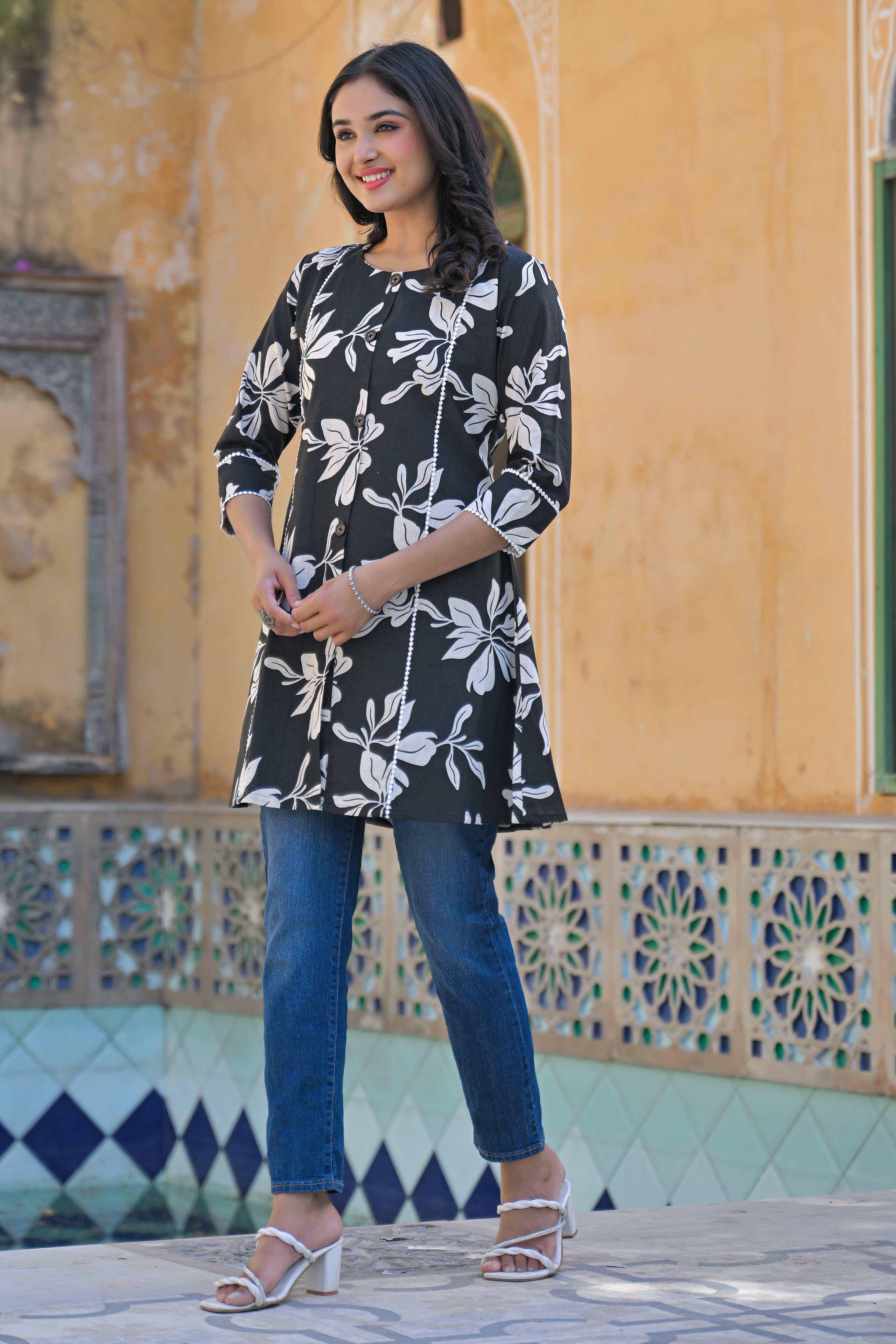 Black Floral Printed Pure Cotton A-Line Top