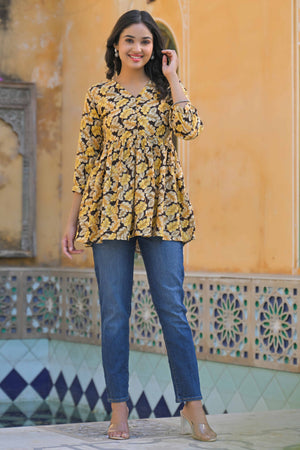 Brown Floral Printed Rayon A-Line Top