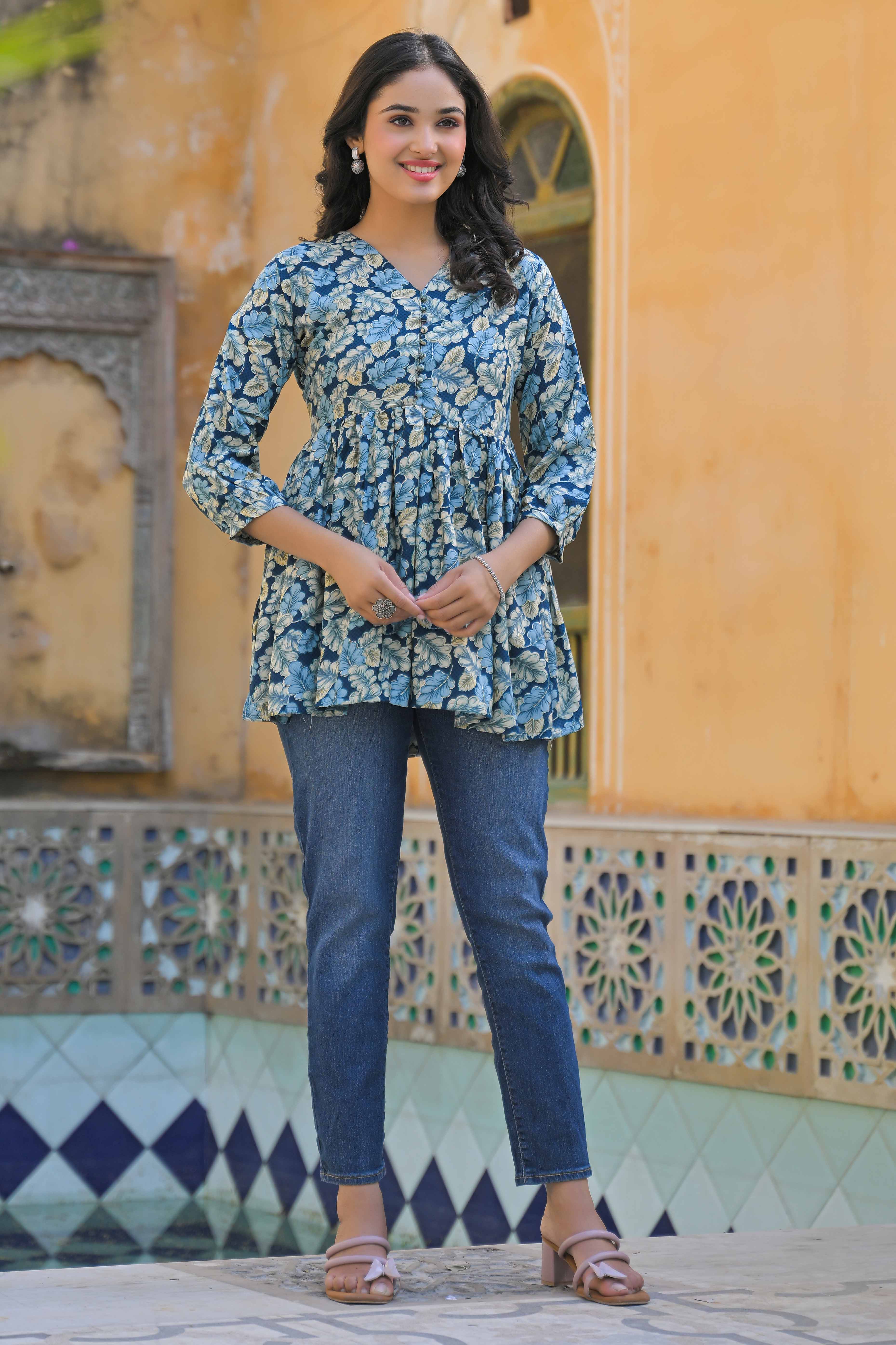 Turquoise Floral Printed Rayon A-Line Top