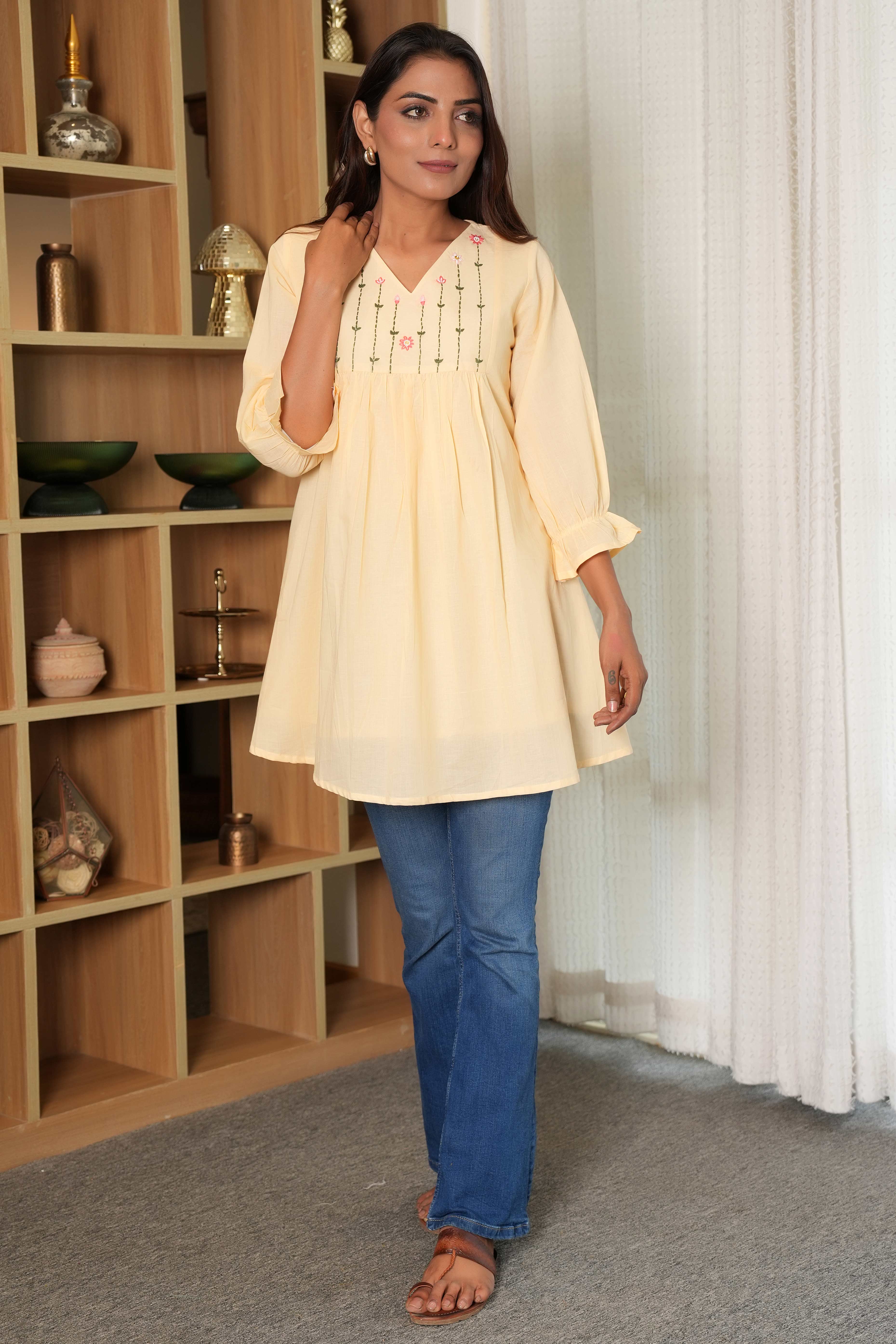 Light Peach A-Line Embroidered Tunic Top in Pure Cotton for Effortless Style