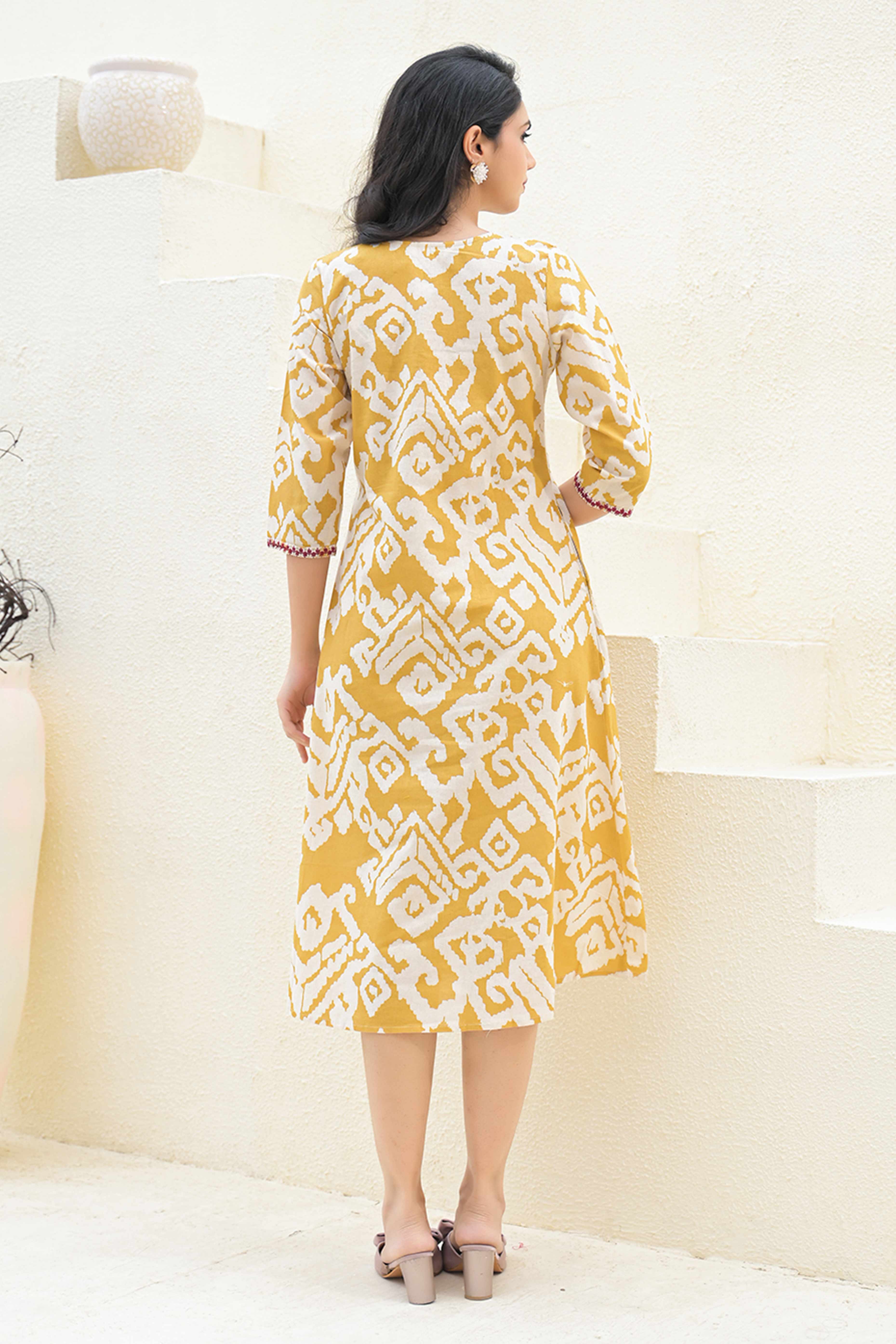 Pure Cotton Mustard A-Line Kurti with Ethnic Ikkat Patterns