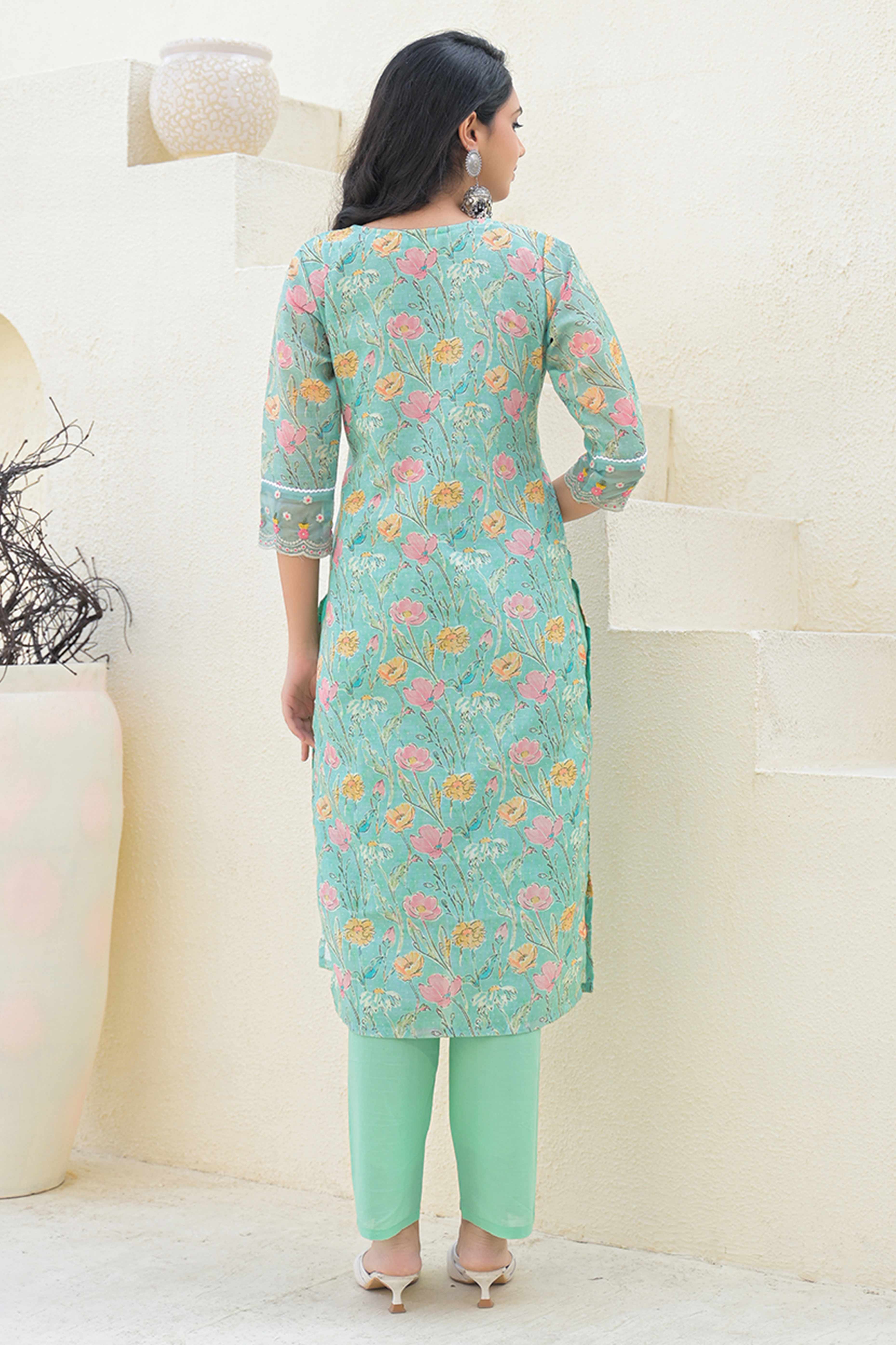 Sea Green Linen Straight Suit Featuring Printed Florals & Delicate Embroidery