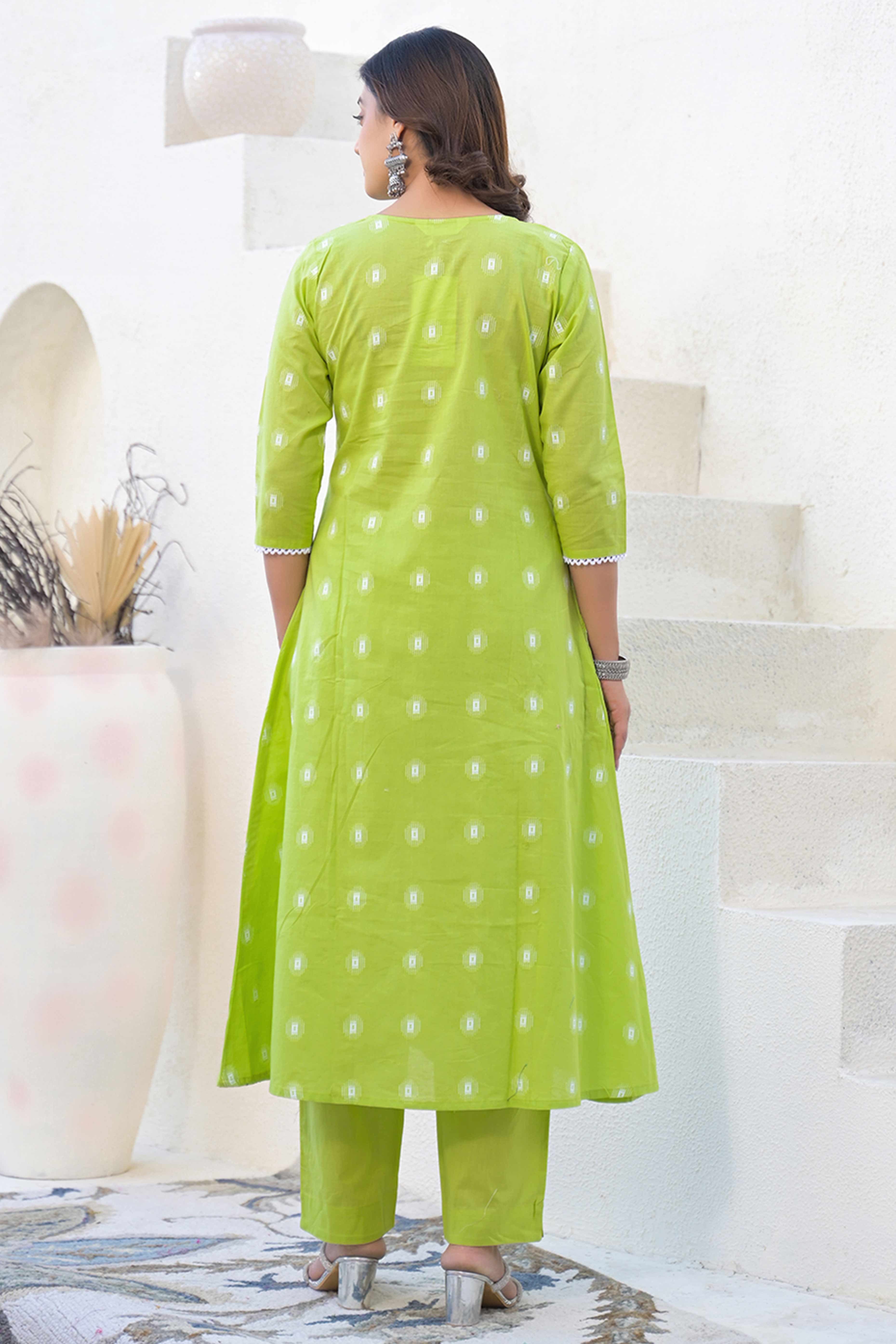 Parrot Green Floral Printed Cotton Top Bottom Set with Neck Detailing