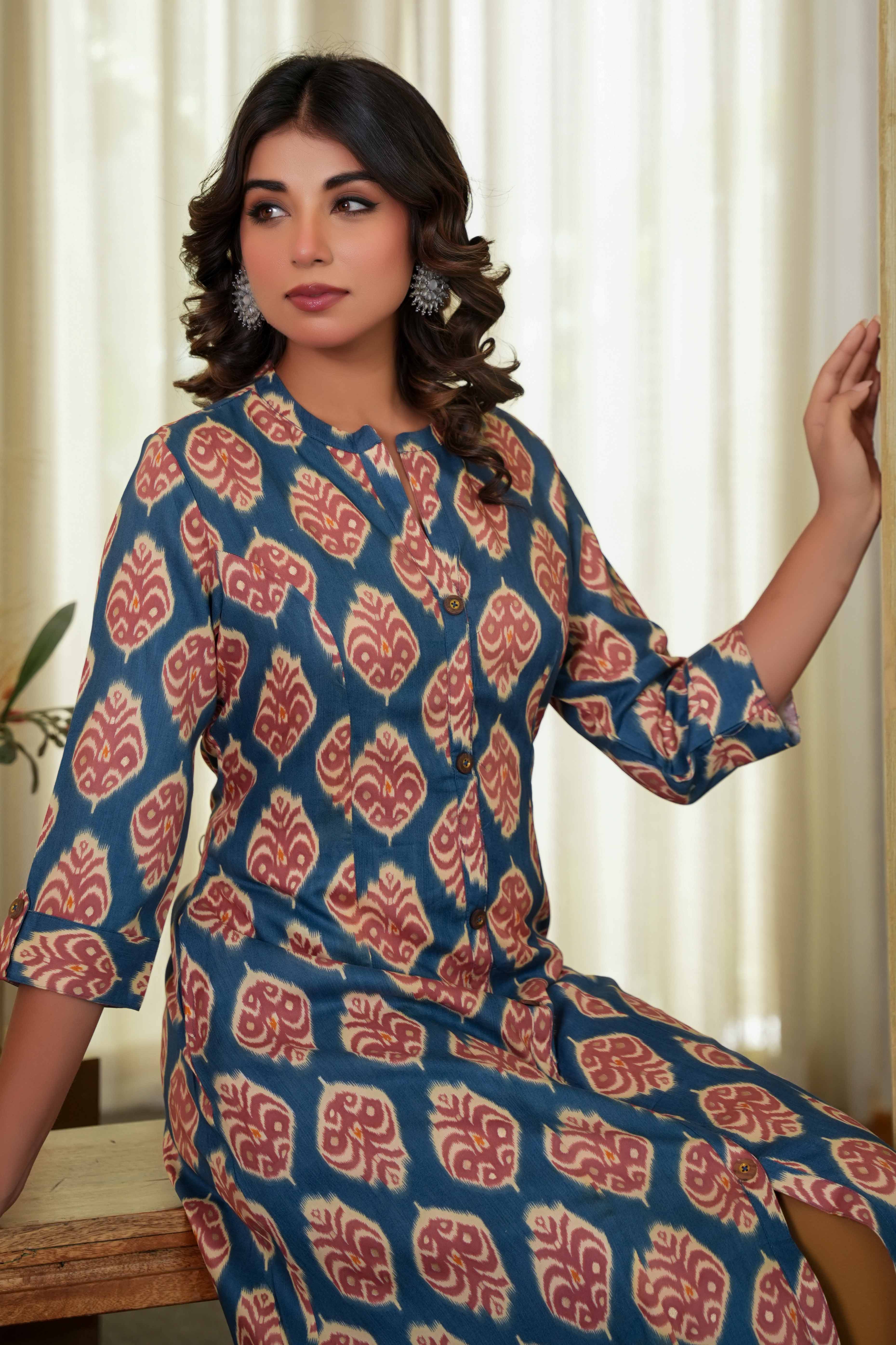 Teal Ikkat Patterned Straight Kurti in Soft Poly Rayon Fabric for All-Day Comfort