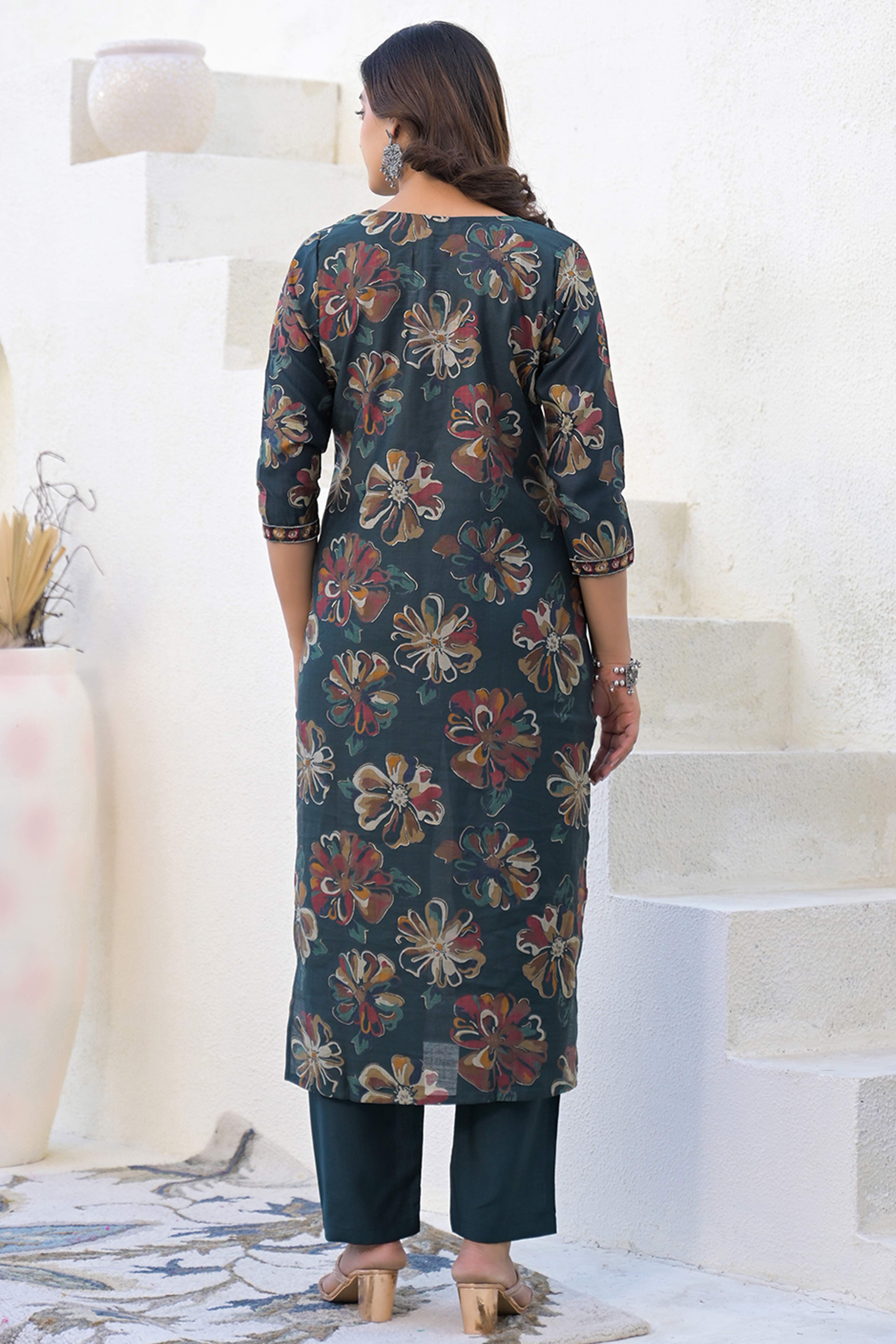 Stylish Bottle Green Viscose Straight Salwar Suit with Floral Pattern