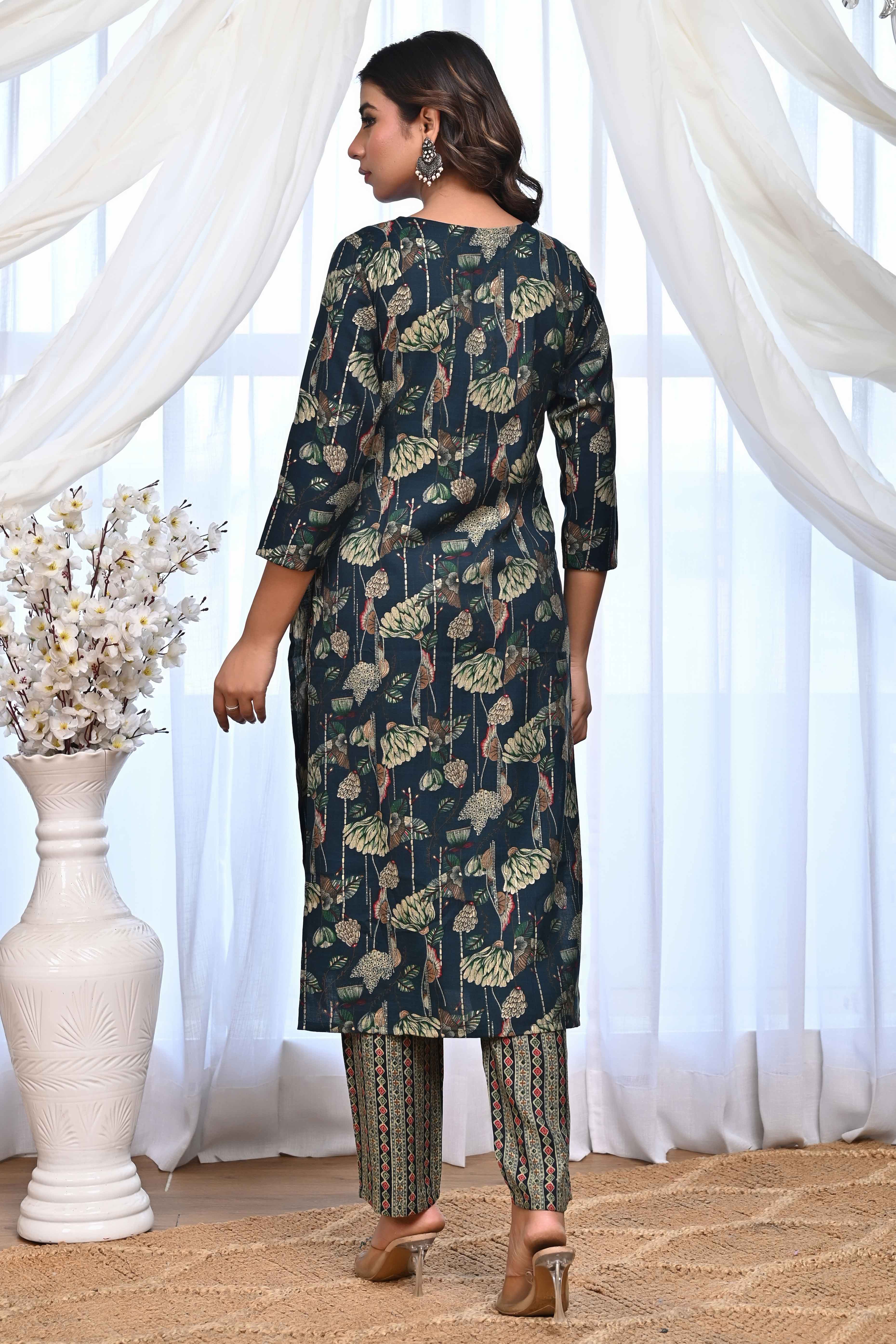 Dark Teal Blue Rayon Salwar Suit With Blooming Floral Print & Elegant Mirror Thread Work