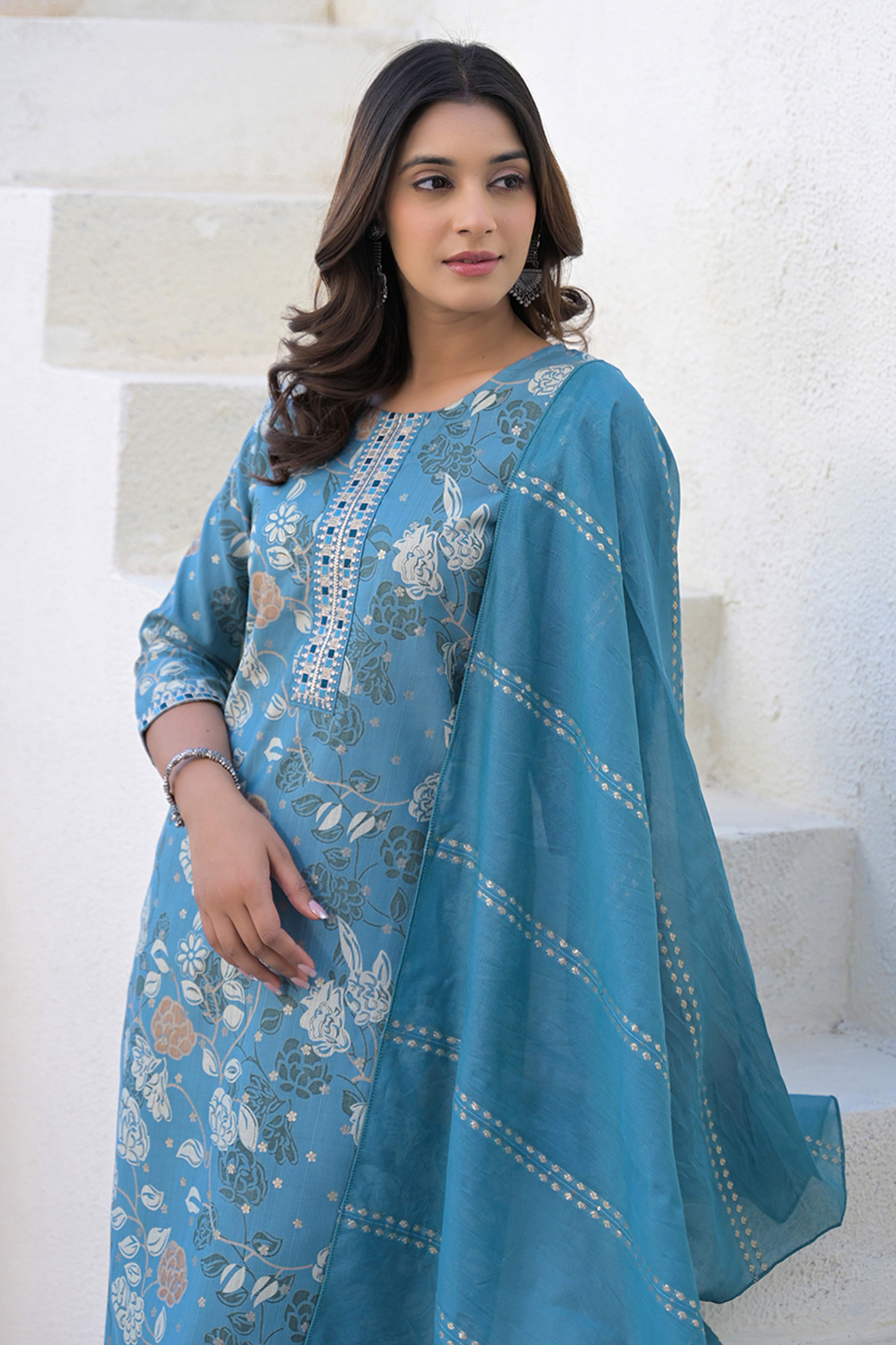 Blue Straight Viscose Salwar Suit With Delicate Floral Prints