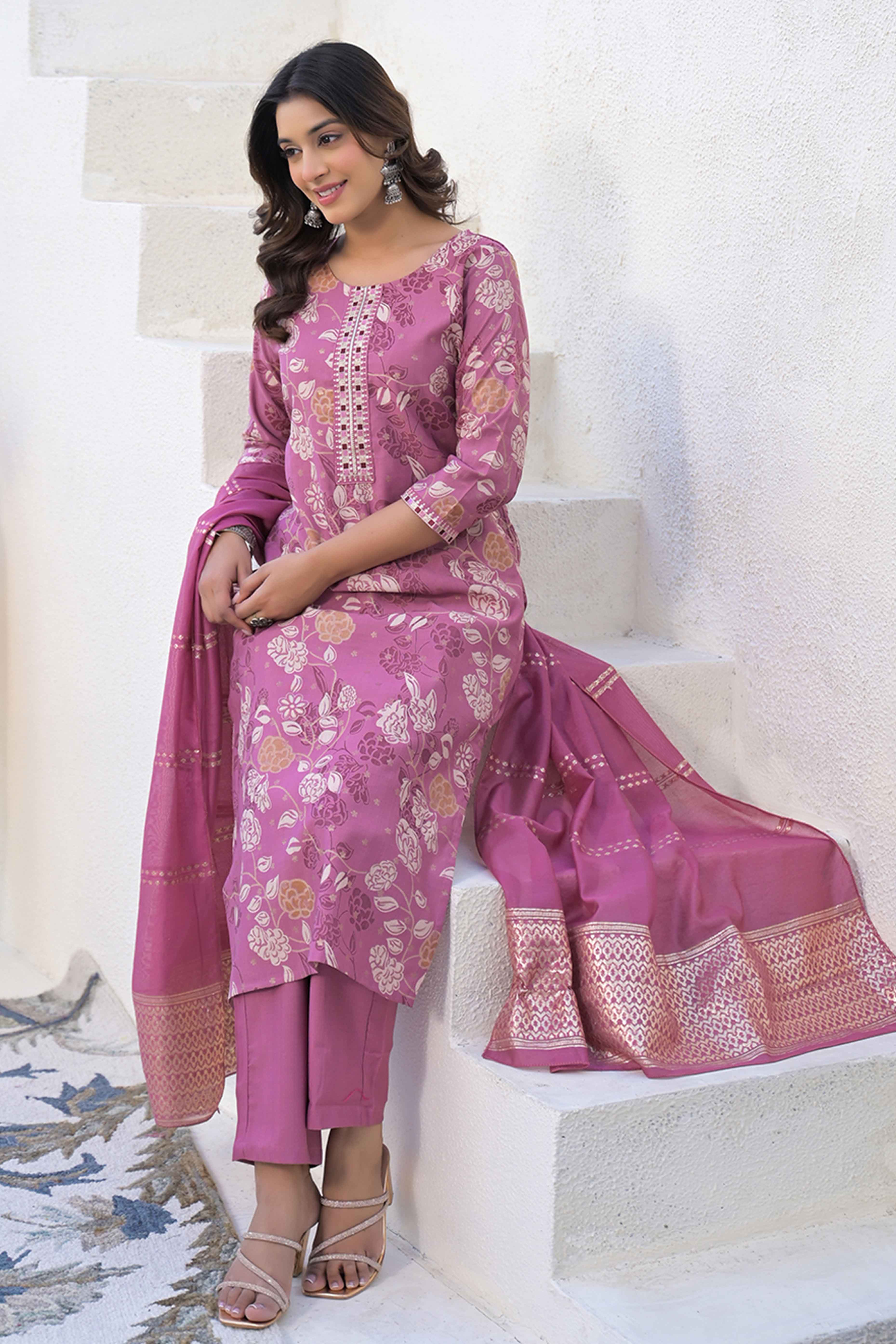 Light Purple Straight Viscose Salwar Suit With Delicate Floral Prints