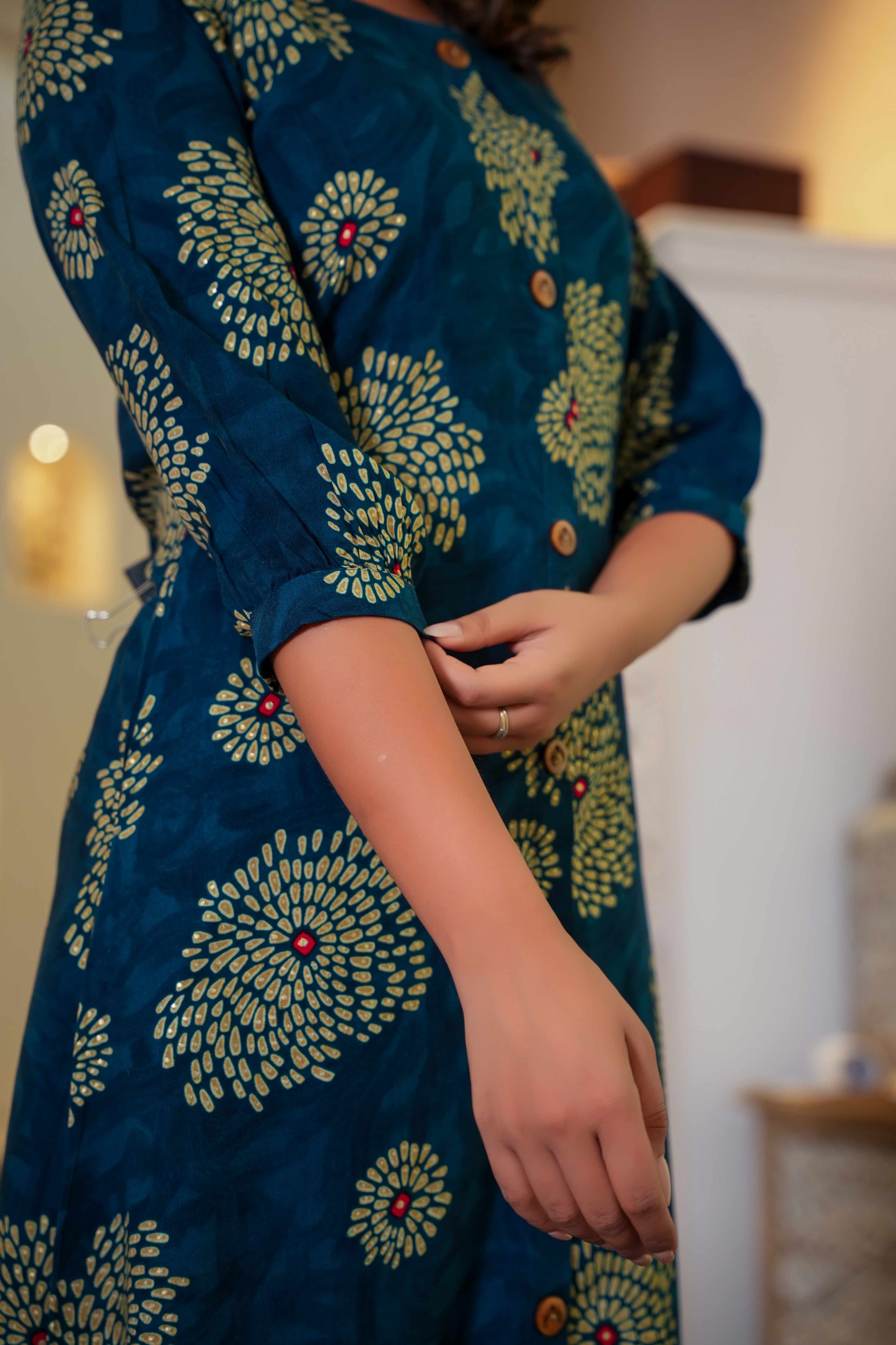 Comfort Fit Viscose A-Line Kurti in Dark Blue with Feminine Floral Print