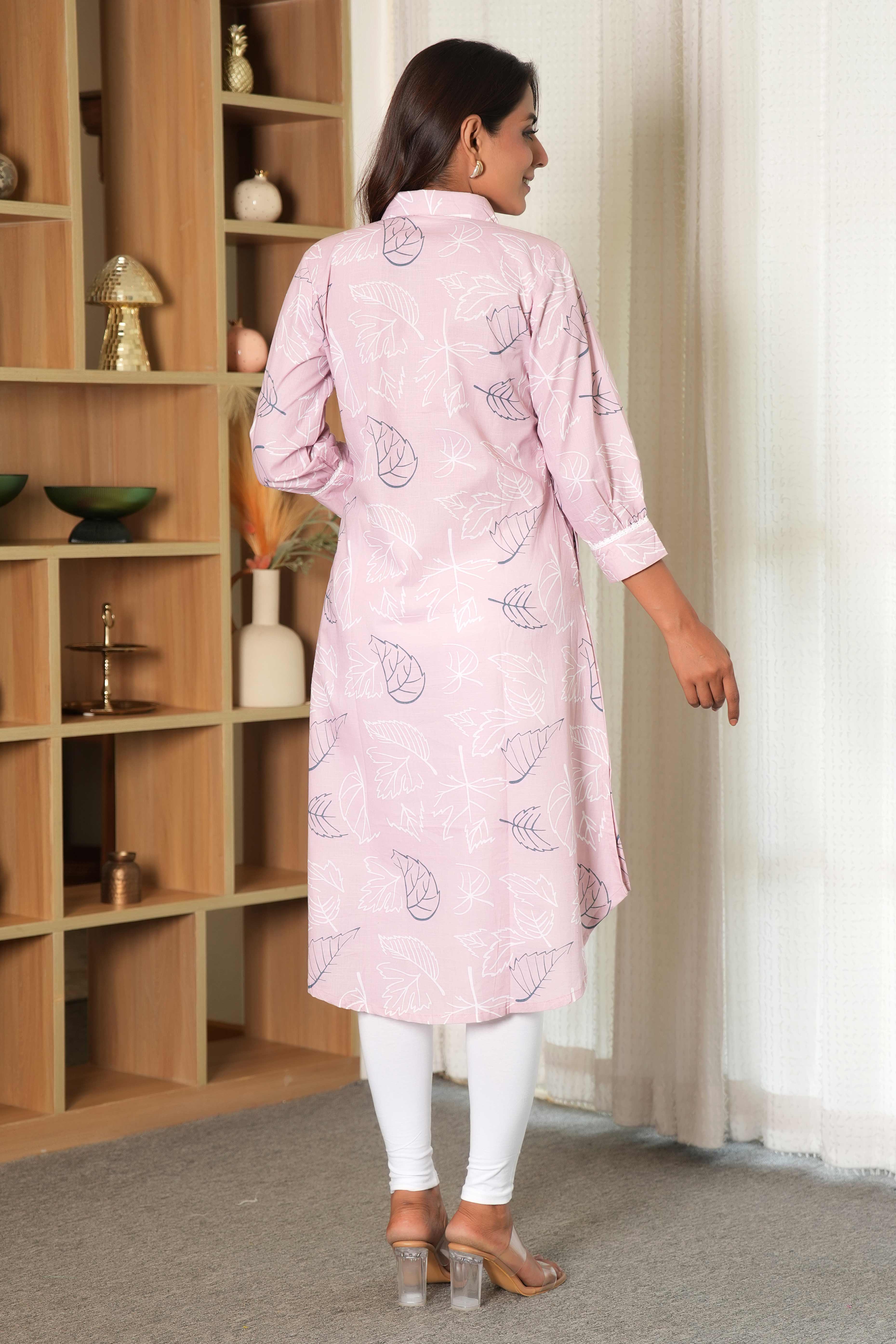 Baby Pink A-Line Kurti with Minimalist Prints and a Breezy Linen Cotton Feel