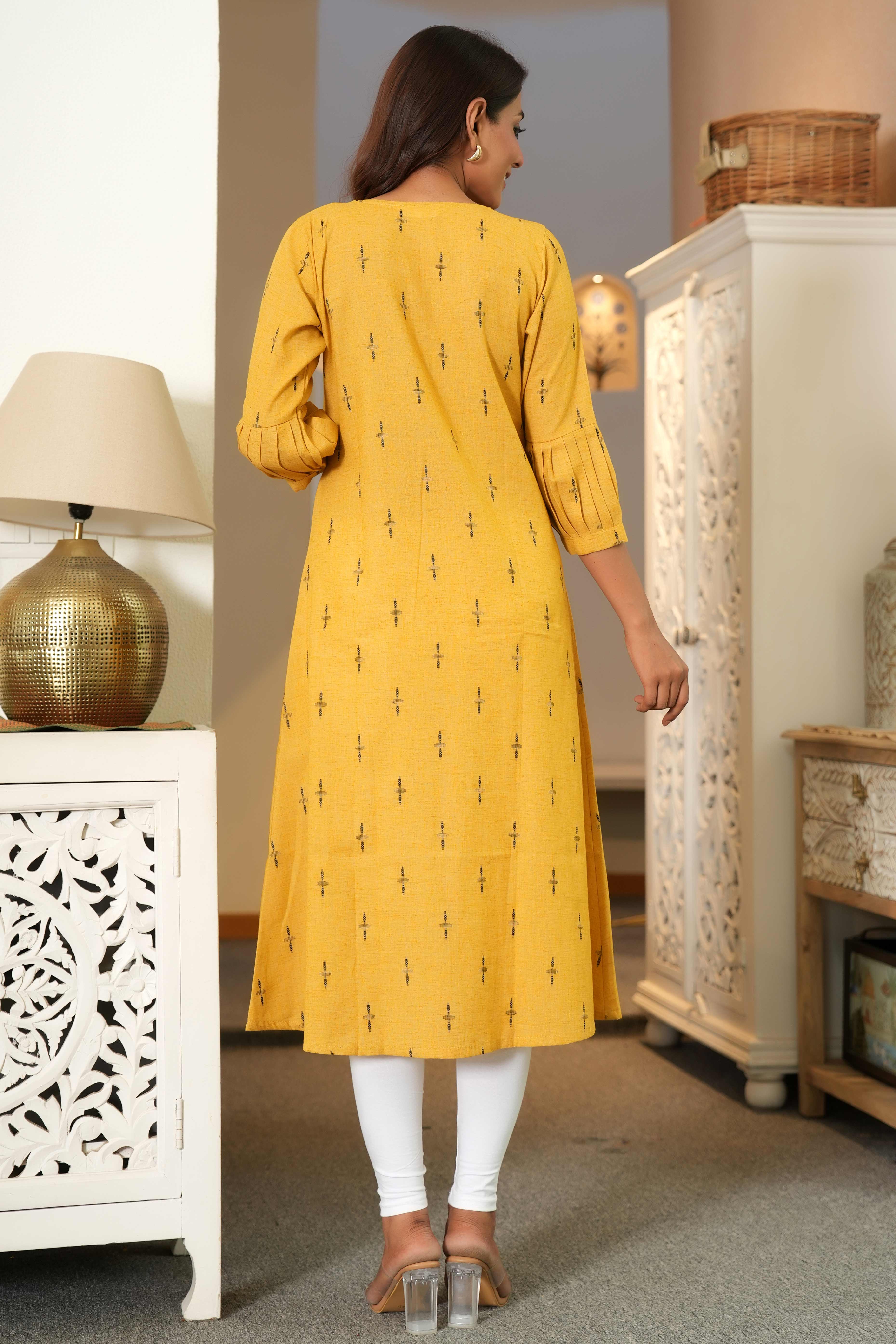 Yellow Pure Cotton A-Line Kurti with Elegant Weaving and Beads Work