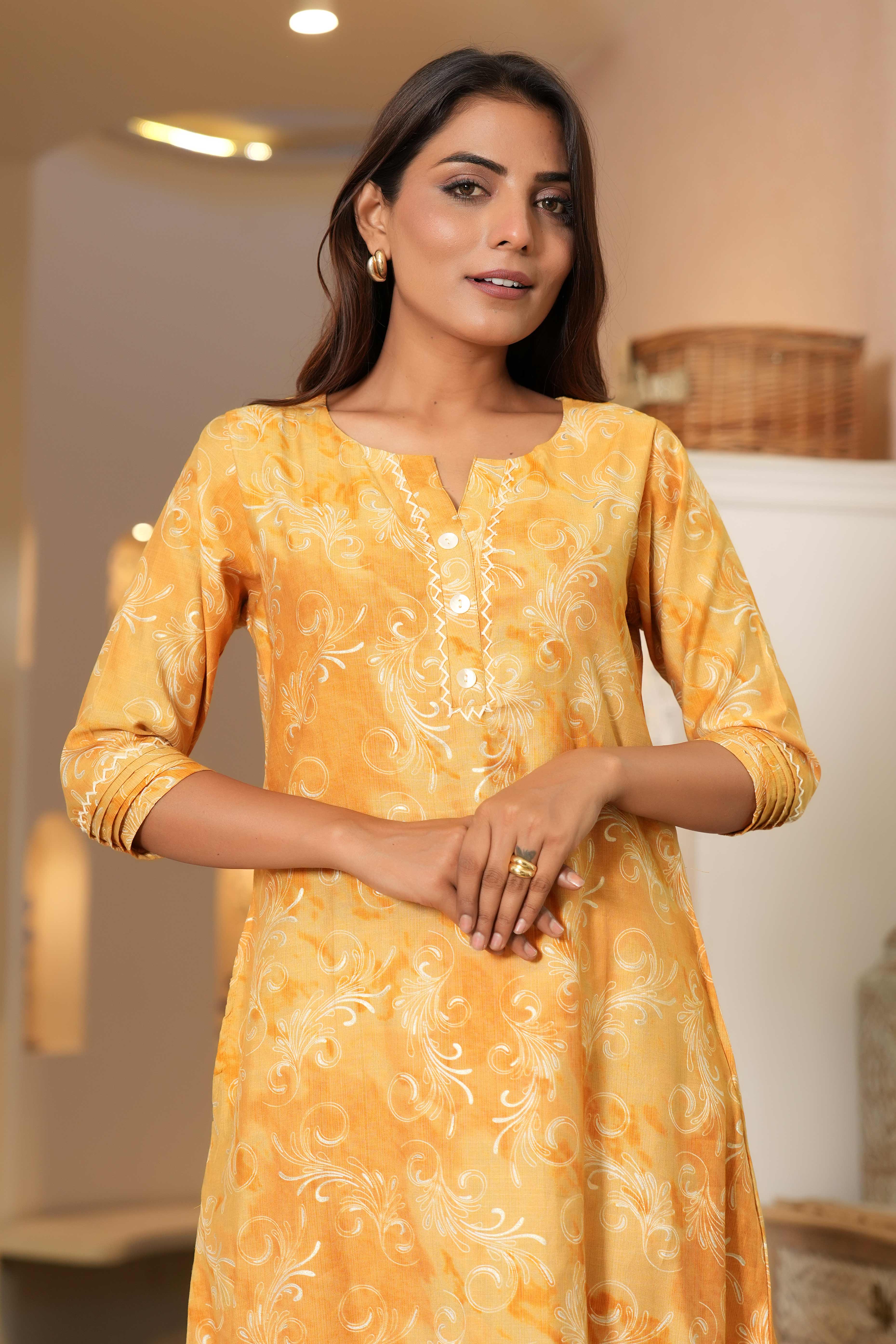 Floral Printed Mustard Capsule Rayon Kurti in Straight Fit