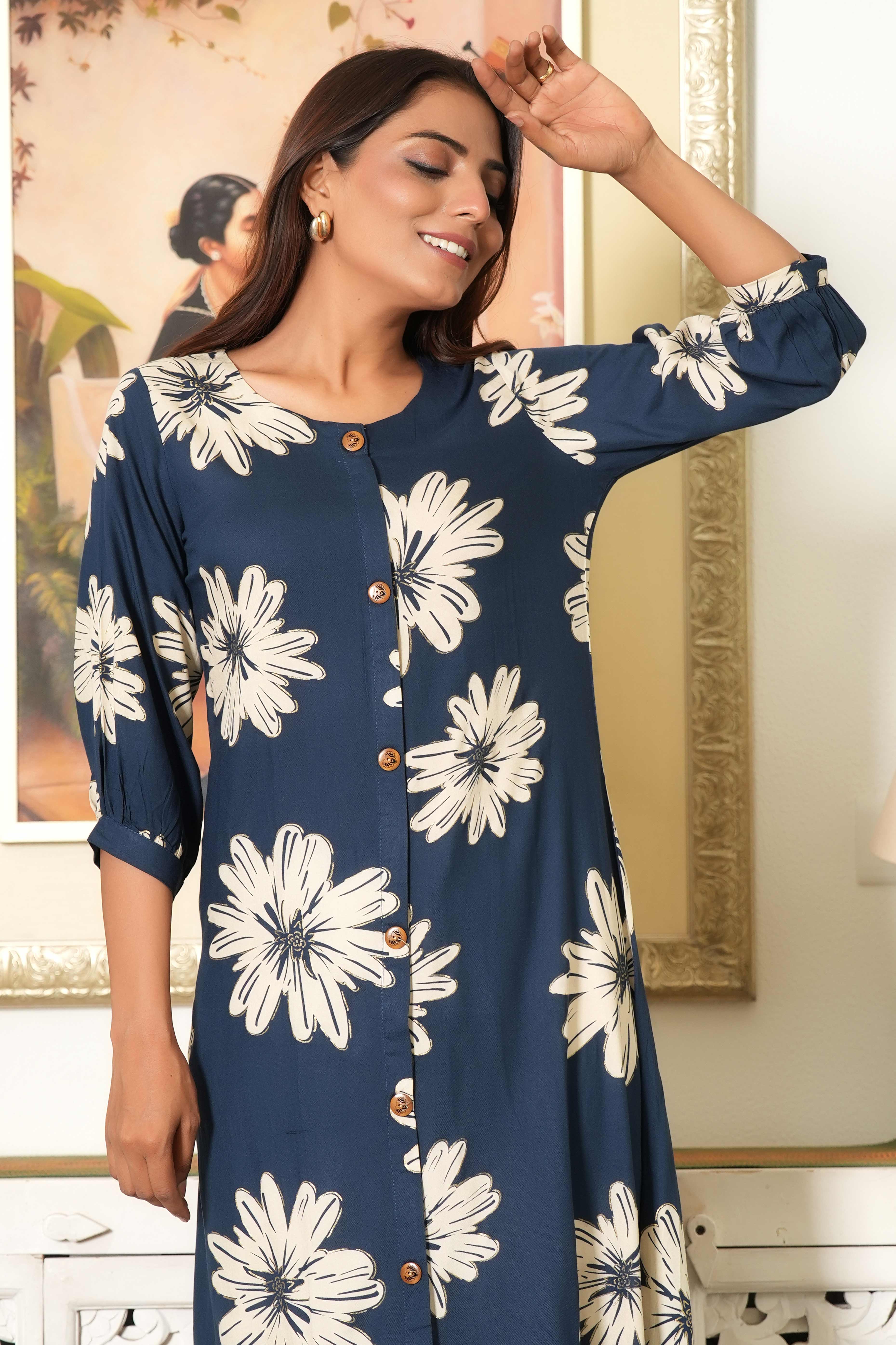 Navy Blue Printed Rayon Kurti in Flattering A-Line Fit