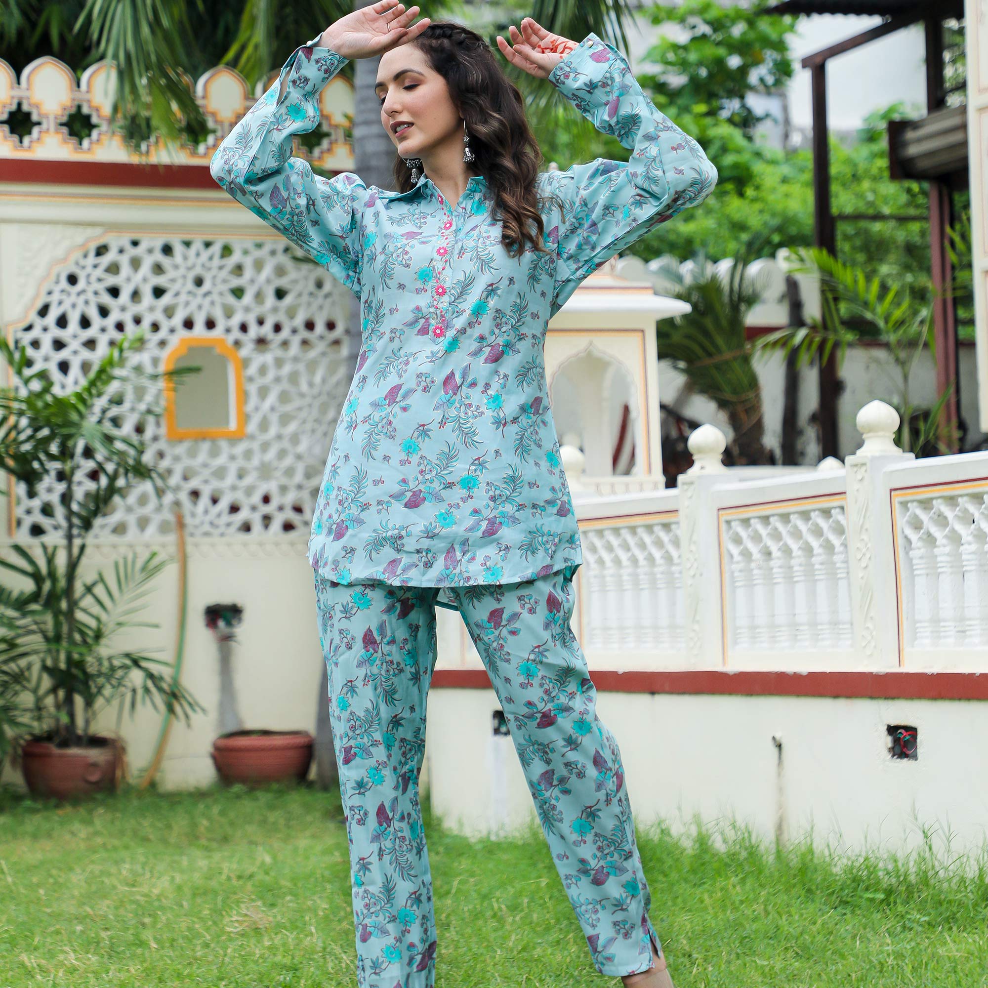 Blue Floral Printed Modal Co Ord Set