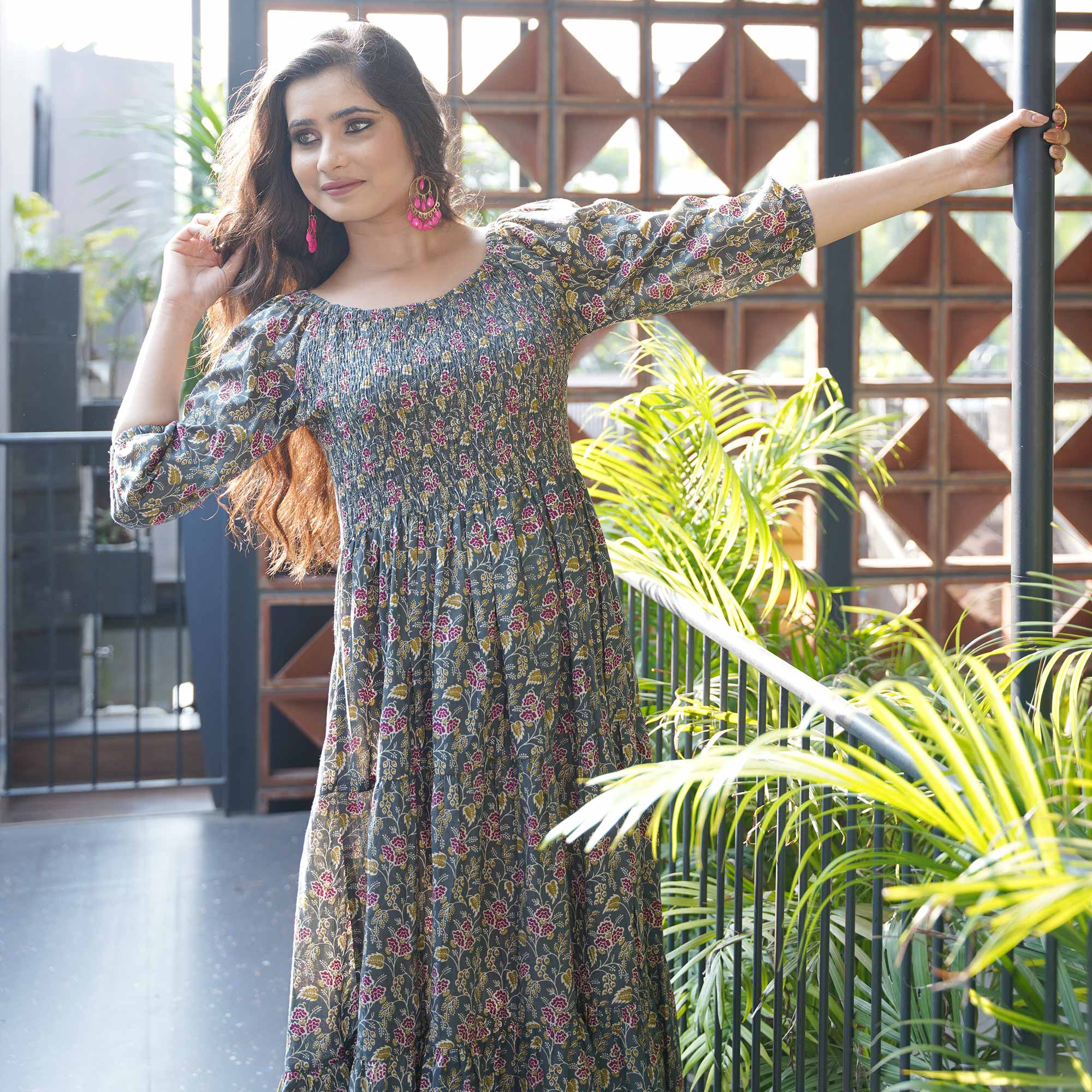 Grey Floral Printed Pure Cotton Dress