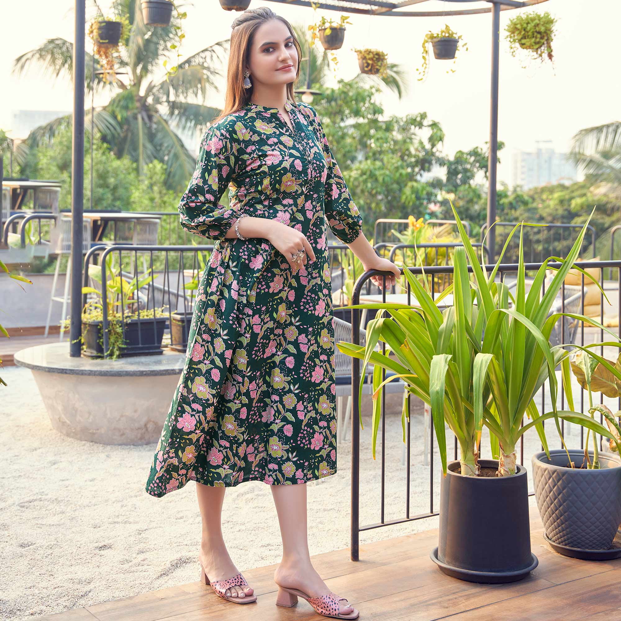 Dark Bottle Green Floral Printed Pure Cotton Dress