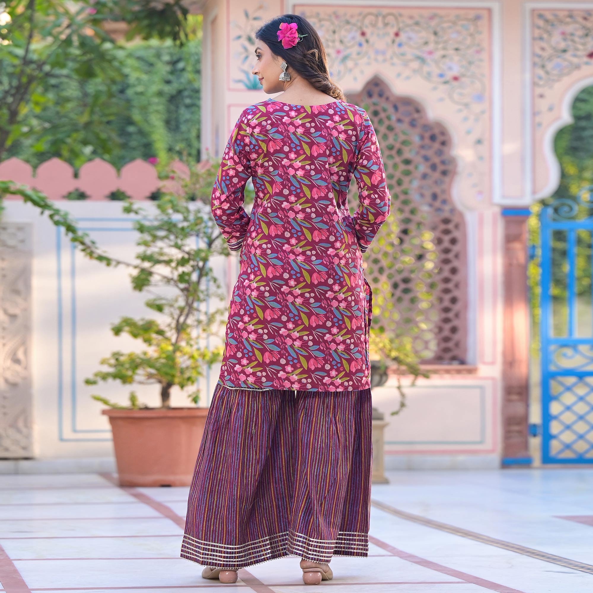 Wine Floral Printed Pure Cotton Sharara Suit