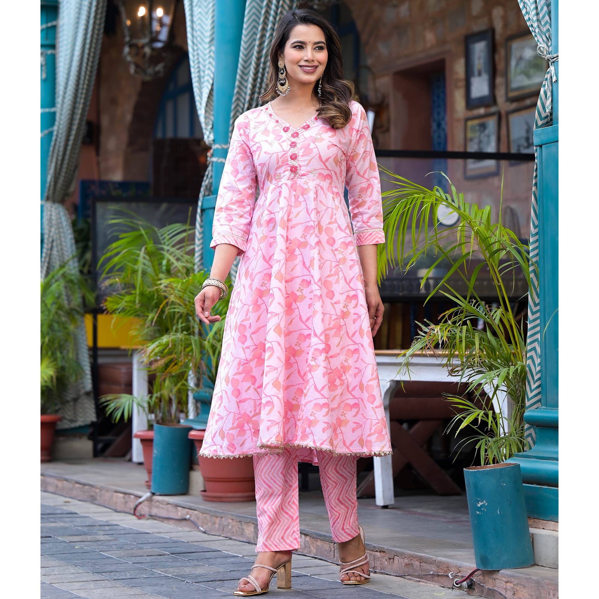 Peach Printed Pure Cotton A-Line Salwar Suit