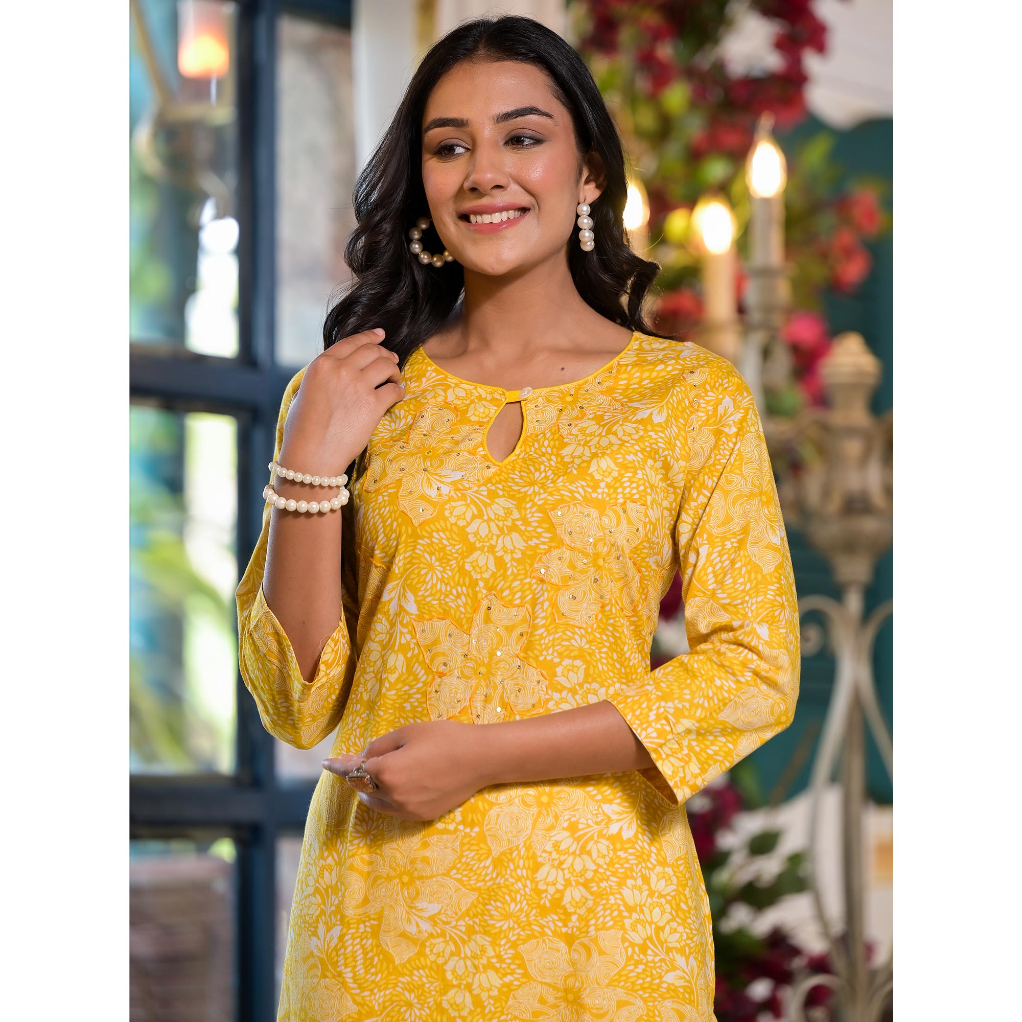 Yellow Floral Printed Pure Cotton Straight Kurti