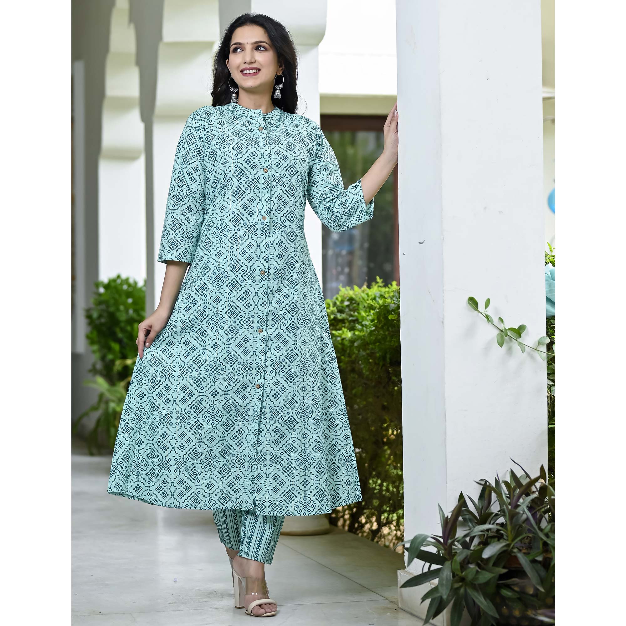 Turquoise Bandhani Printed Pure Cotton A Line Suit