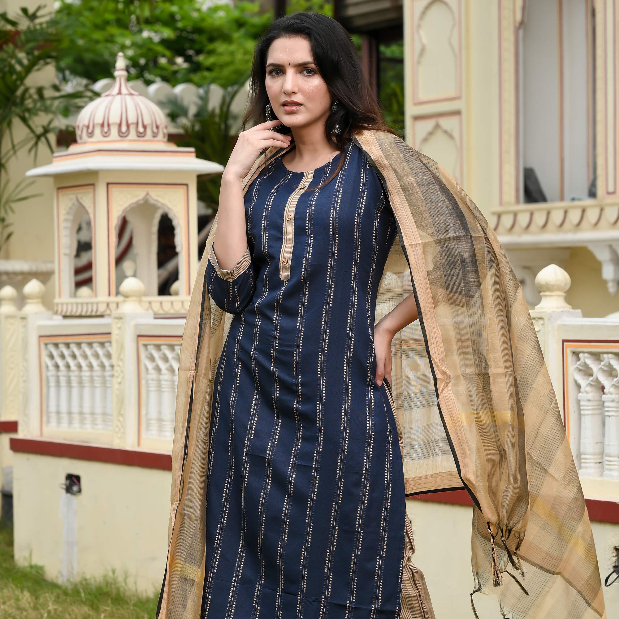 Navy Blue Printed Pure Cotton Suit