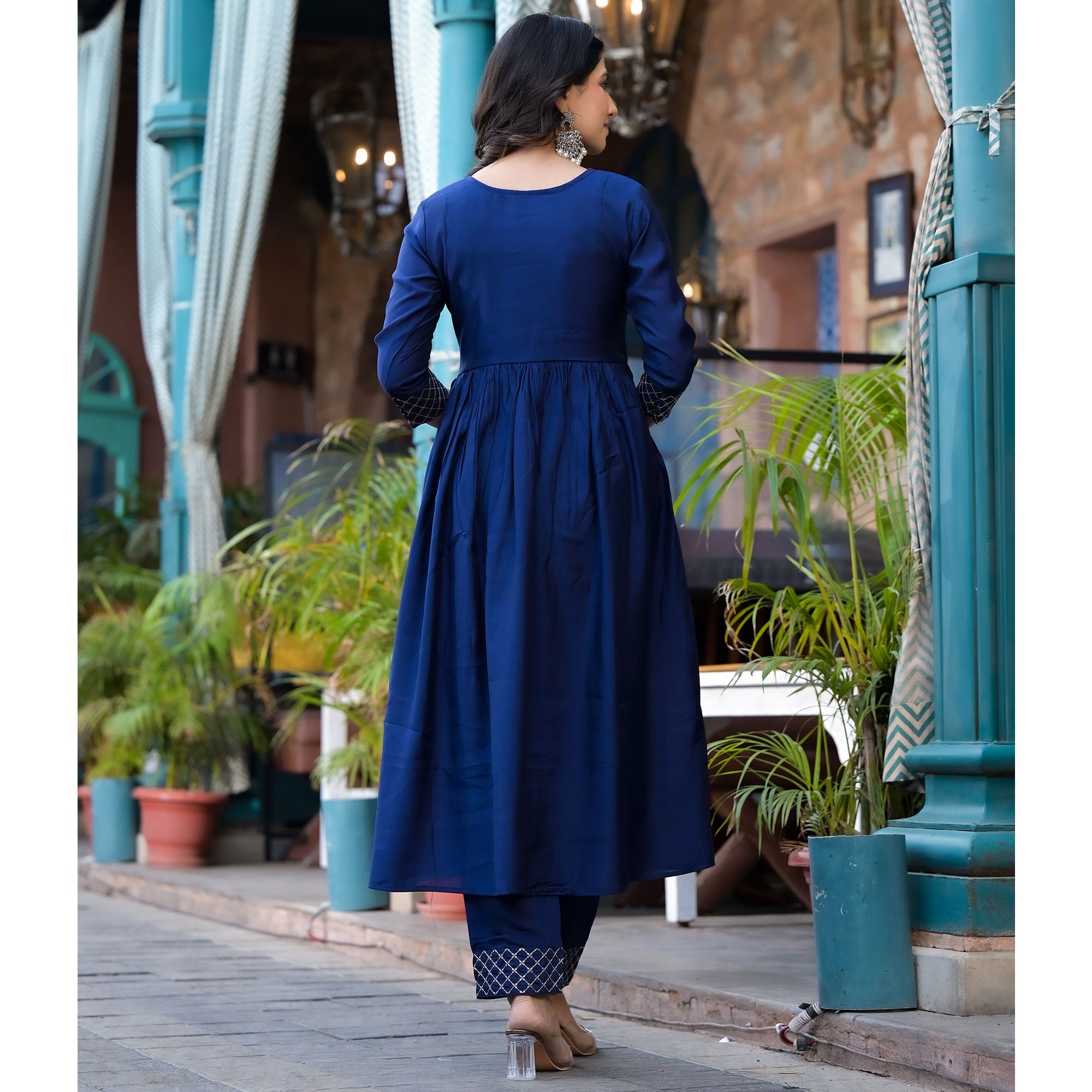 Blue Embroidered Pure Silk Naira Cut Salwar Suit