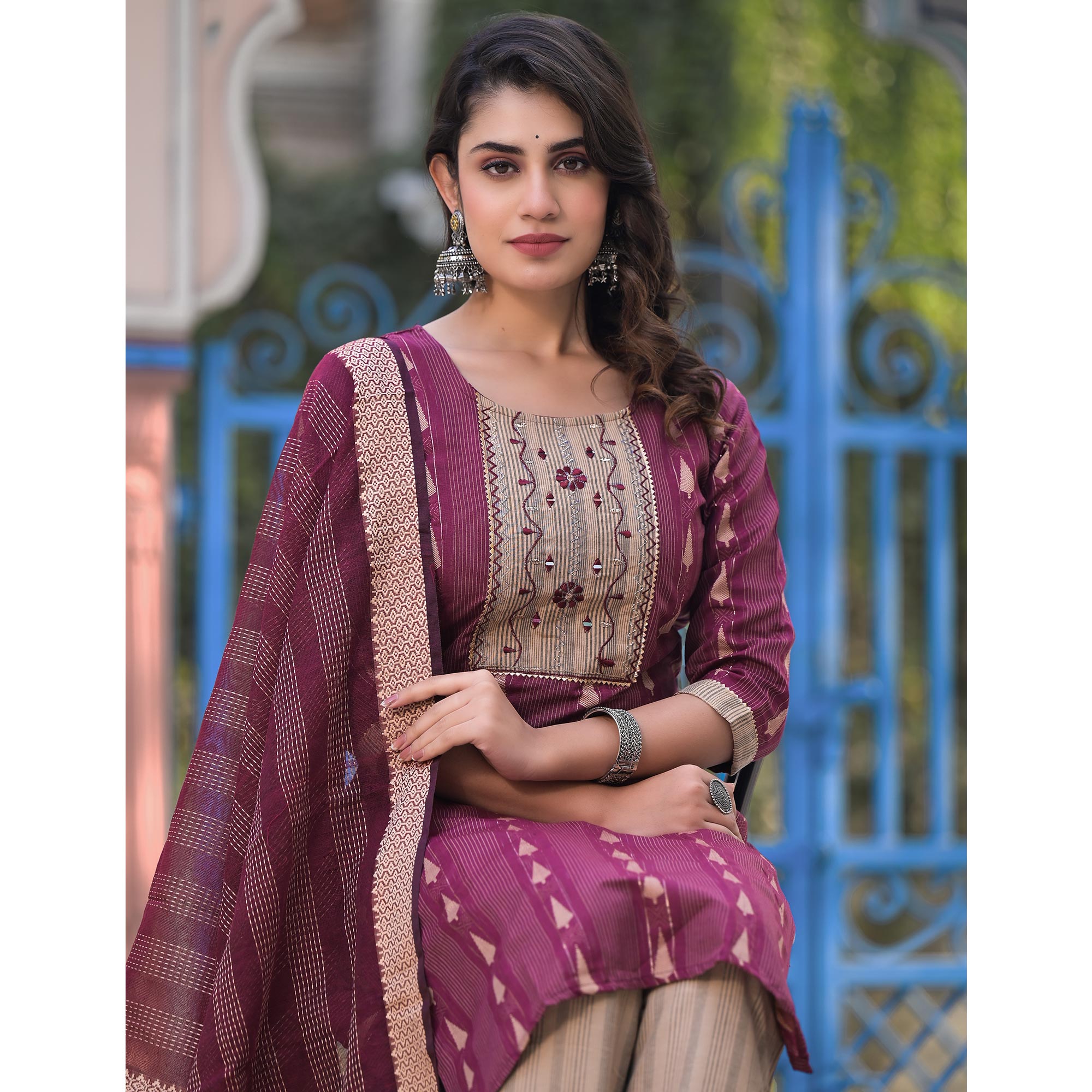 Wine Woven Pure Cotton Straight Salwar Suit