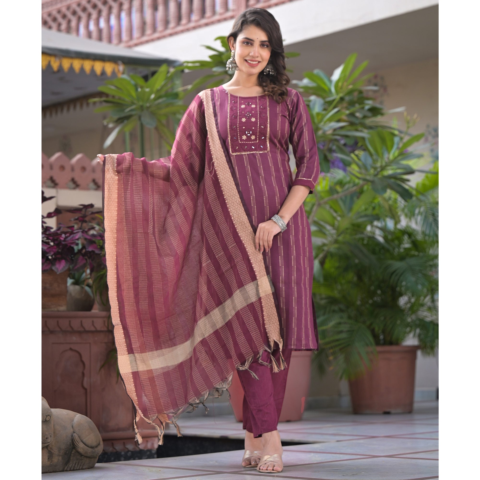 Wine Woven Pure Cotton Straight Salwar Suit