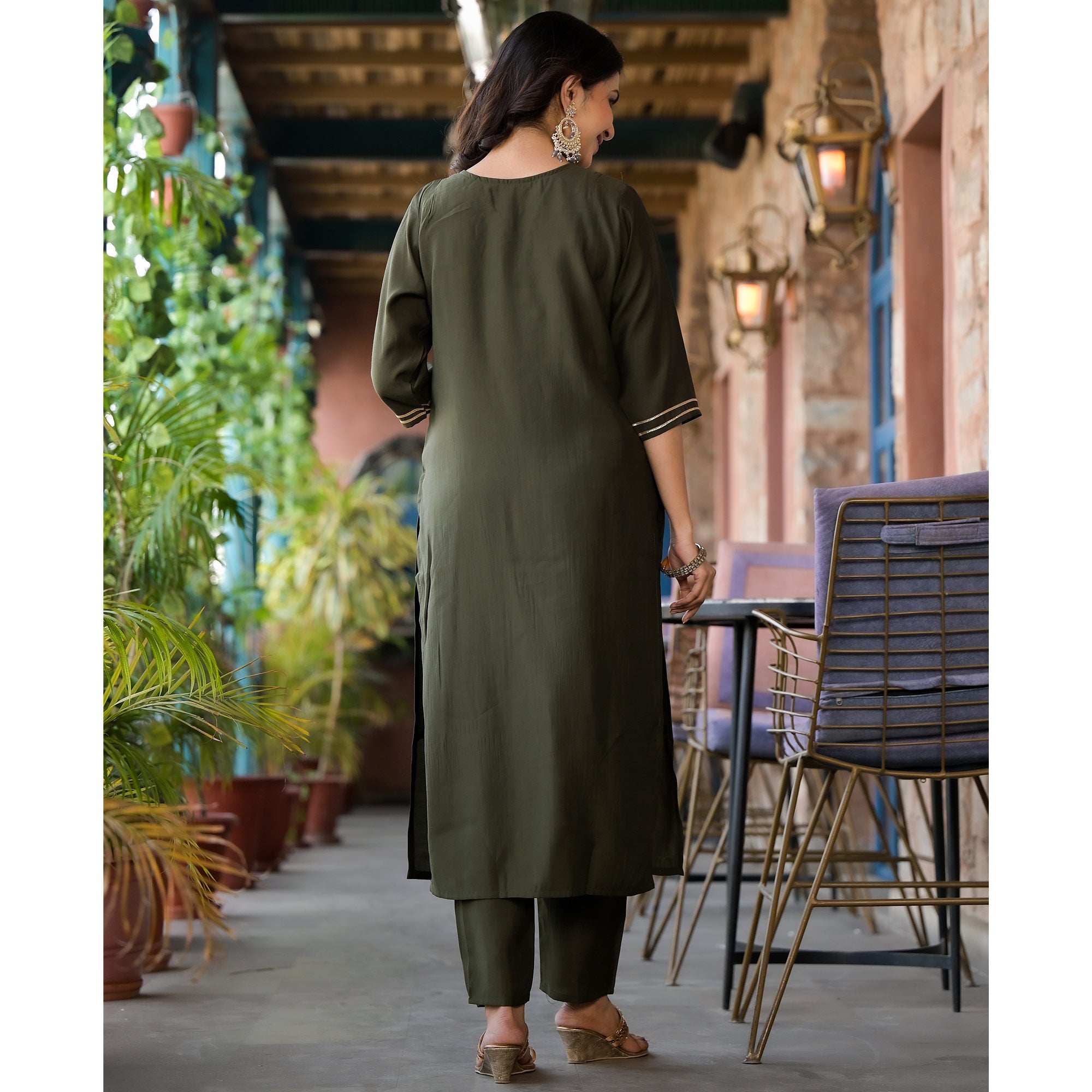 Olive Green Embroidered Pure Silk Salwar Suit With Handcrafted