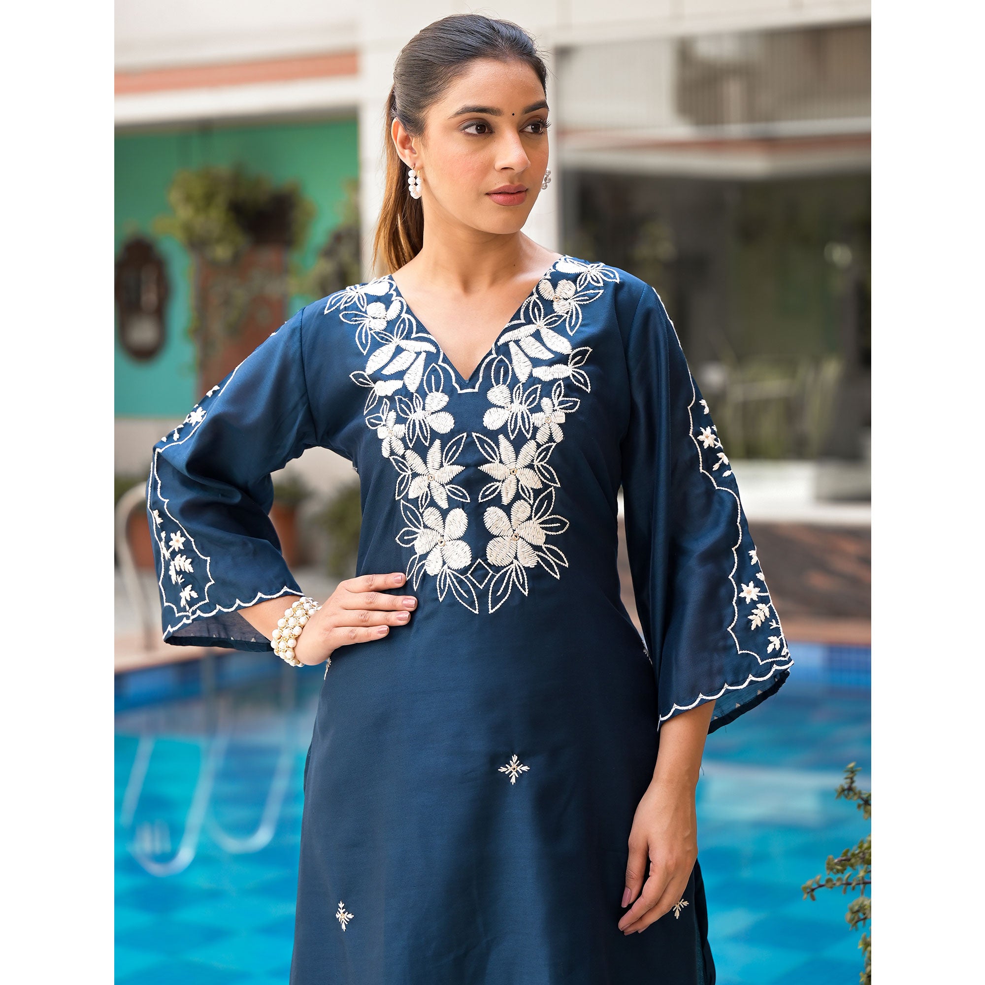 Blue Floral Embroidered Chanderi Silk Kurti Sets