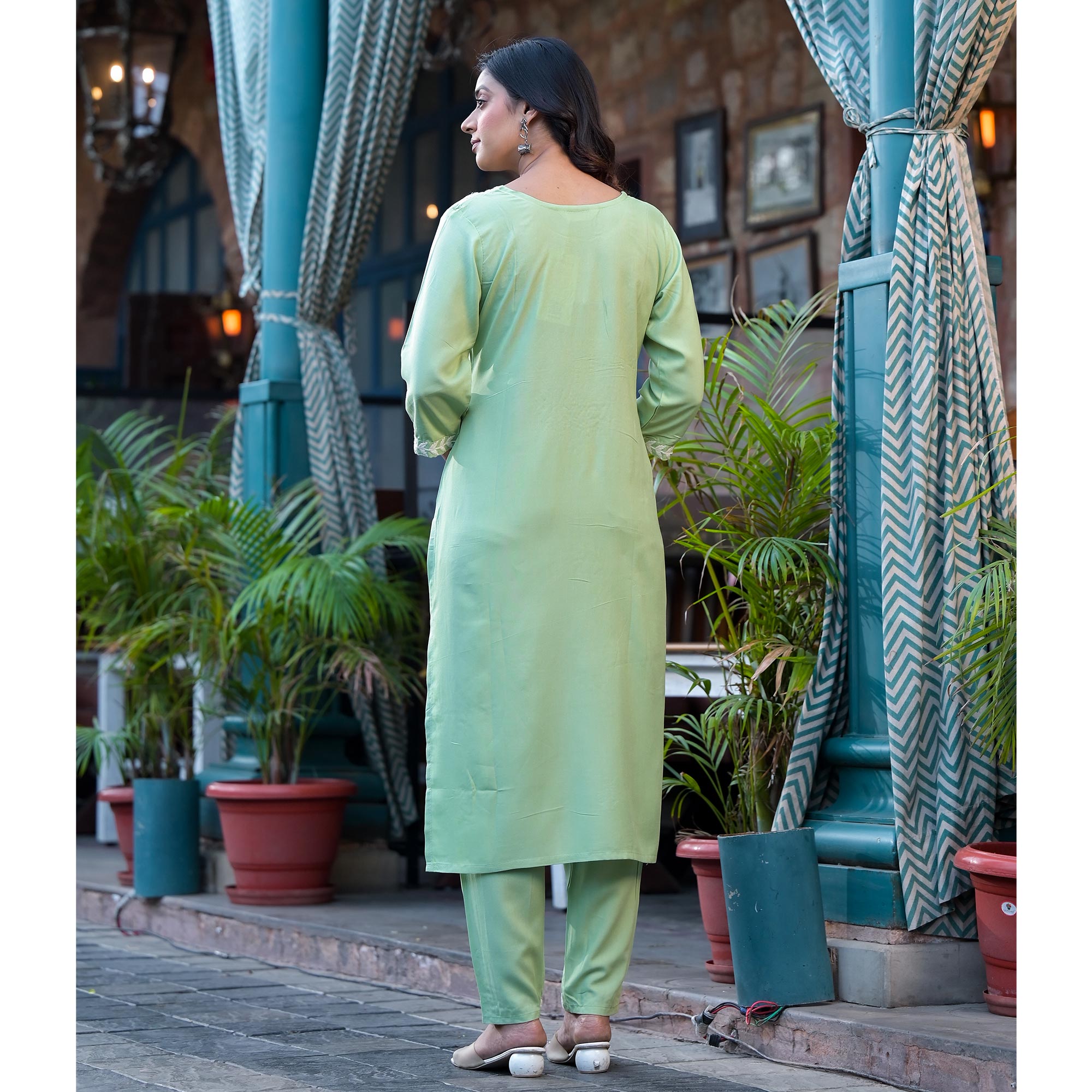 Pista Green Lucknowi Embroidered Rayon Salwar Suit