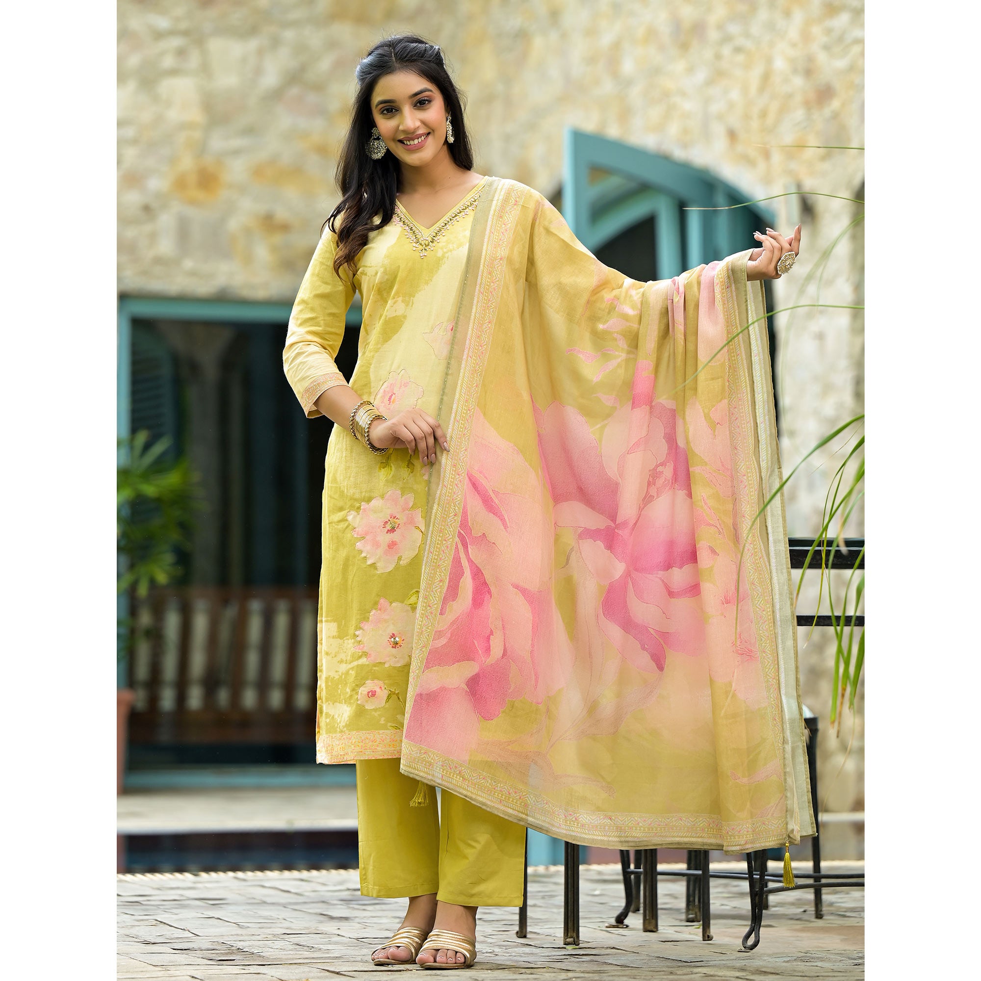 Olive Floral Embroidered With Printed Cambric Cotton Salwar Suit