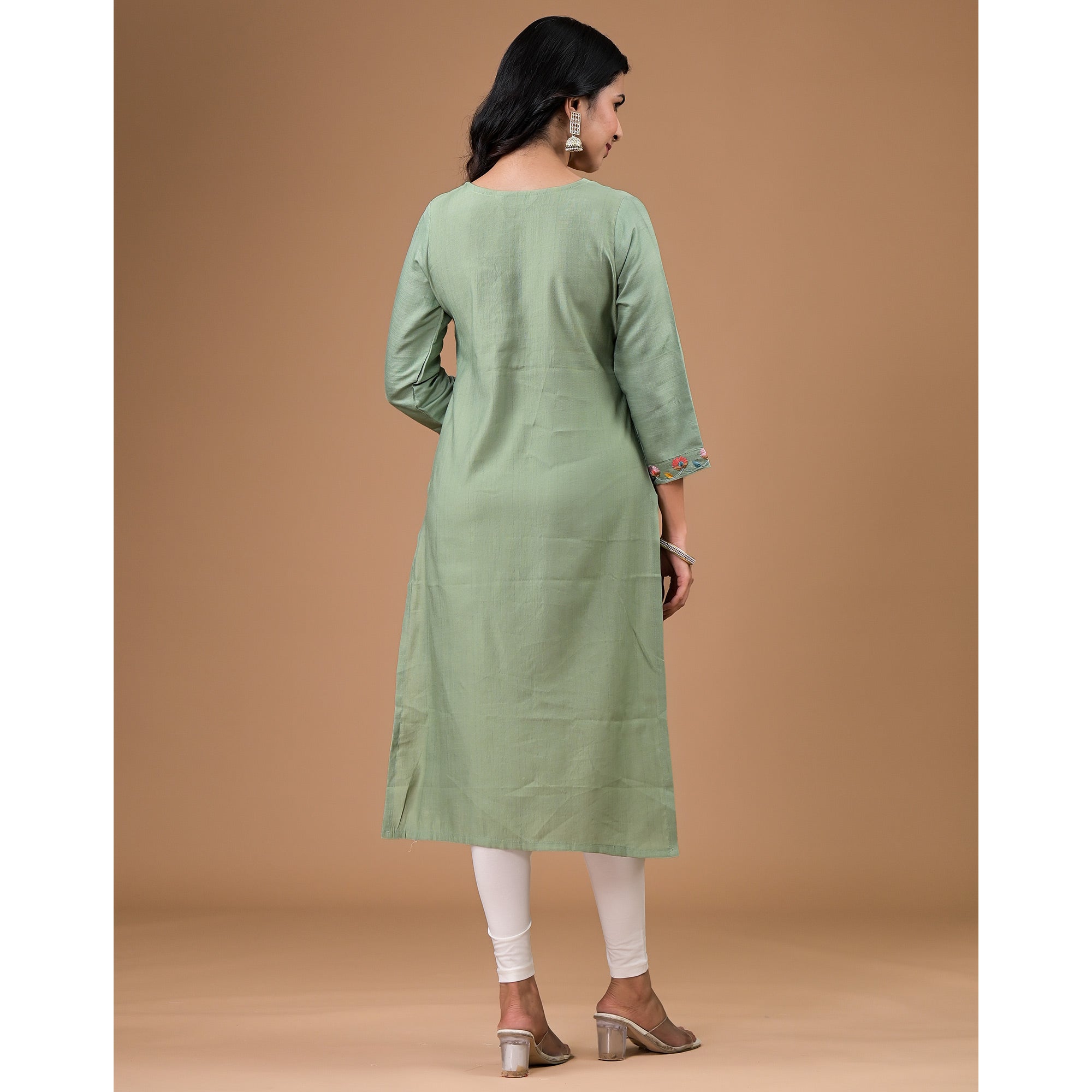 Mint Green Yoke Embroidered Viscose Straight Kurti