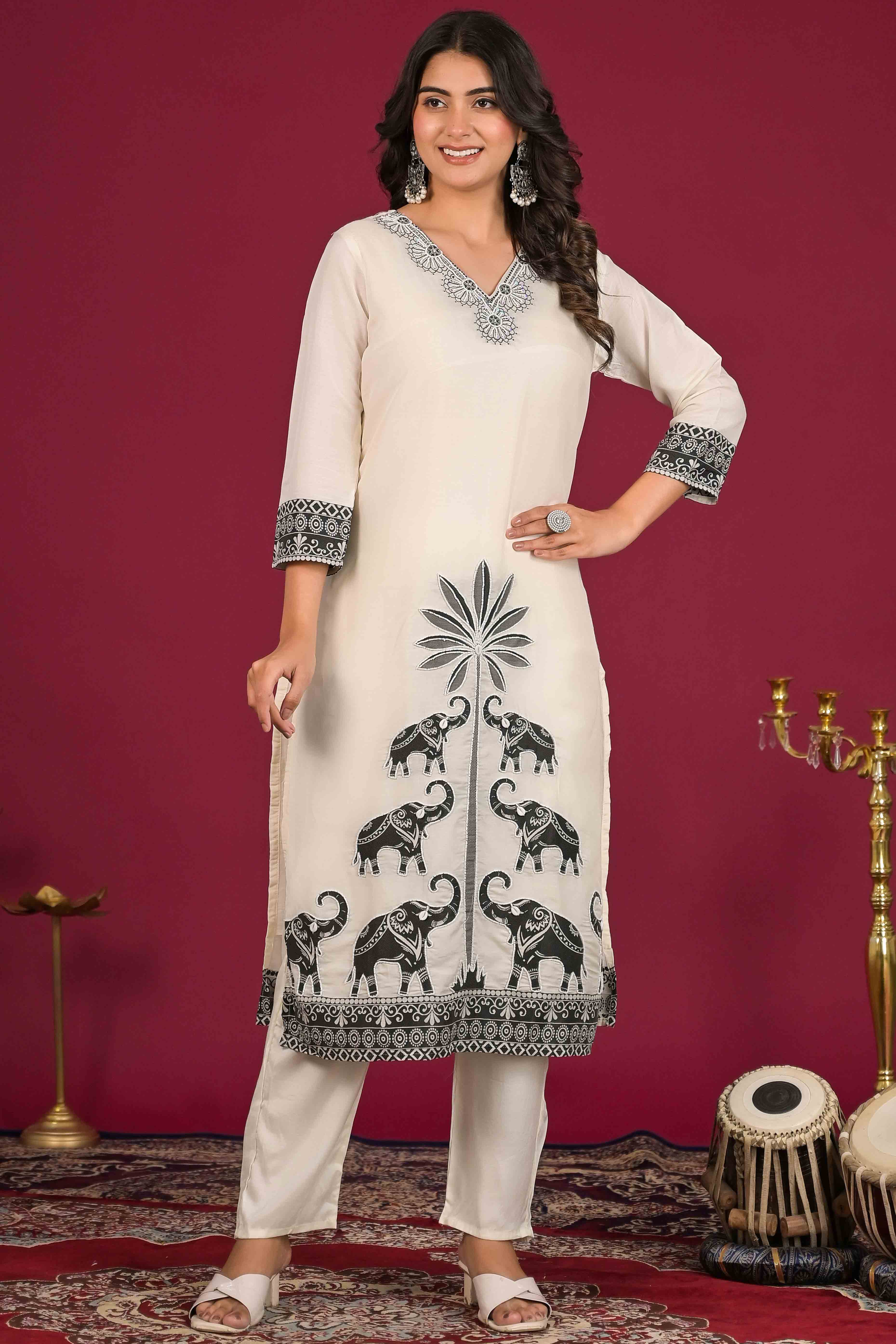 Off White Woven Muslin Salwar Suit With Beads Work