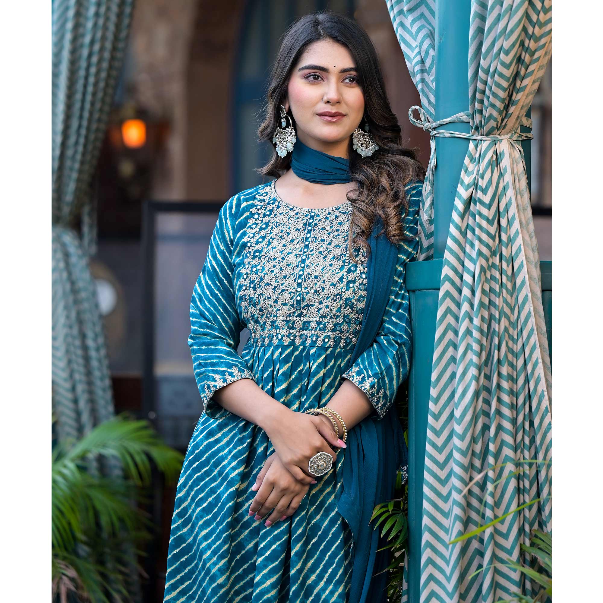 Blue Leheriya Printed Naira Cut Rayon Salwar Suit