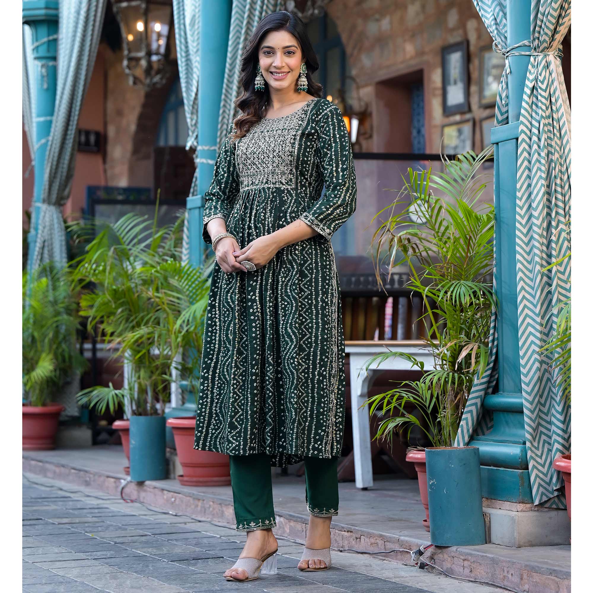 Green Bandhani Printed Naira Cut Rayon Salwar Suit
