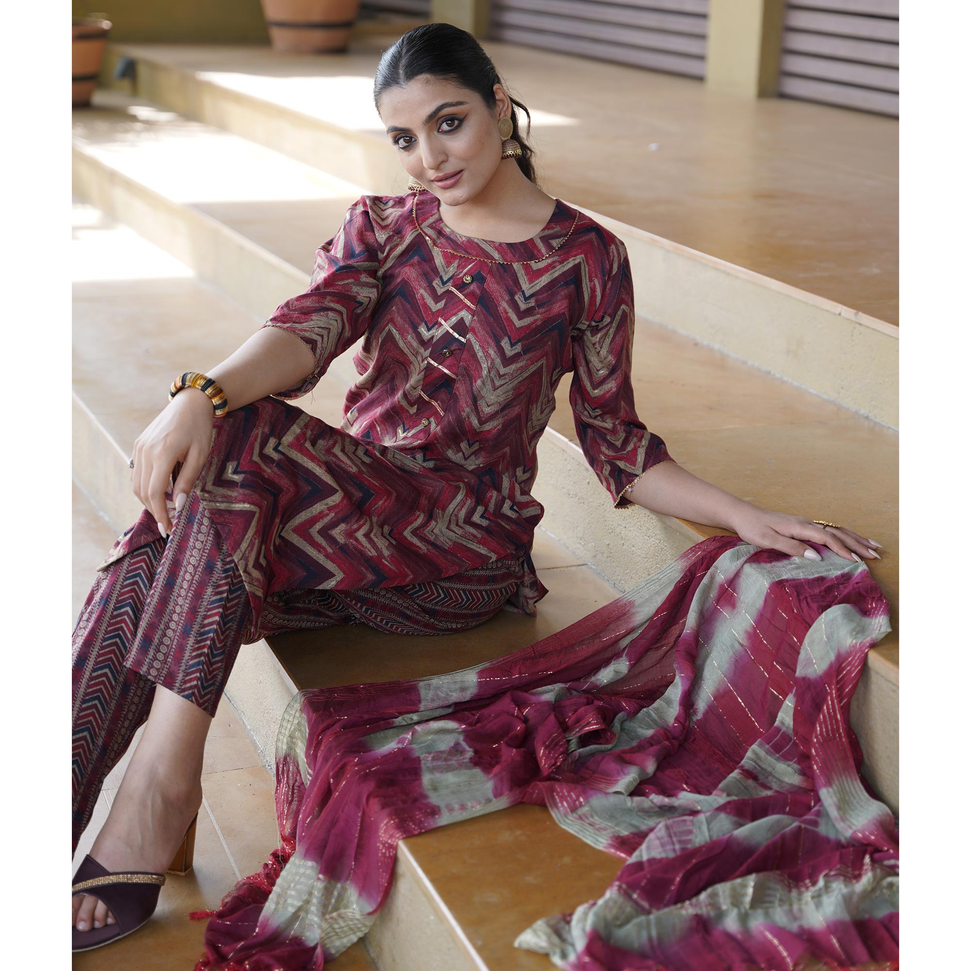 Red Foil Printed Rayon Suit