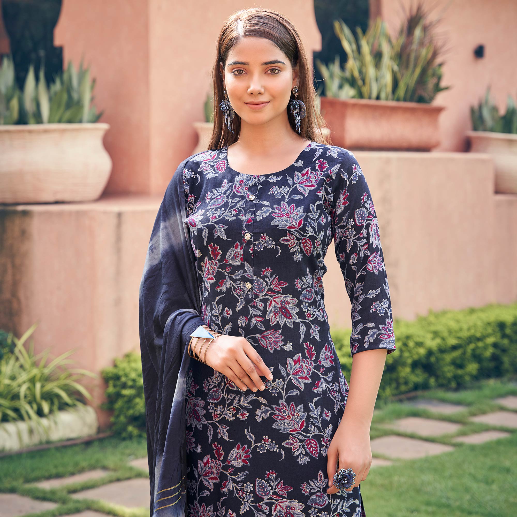 Navy Blue Floral Foil Printed Rayon Suit