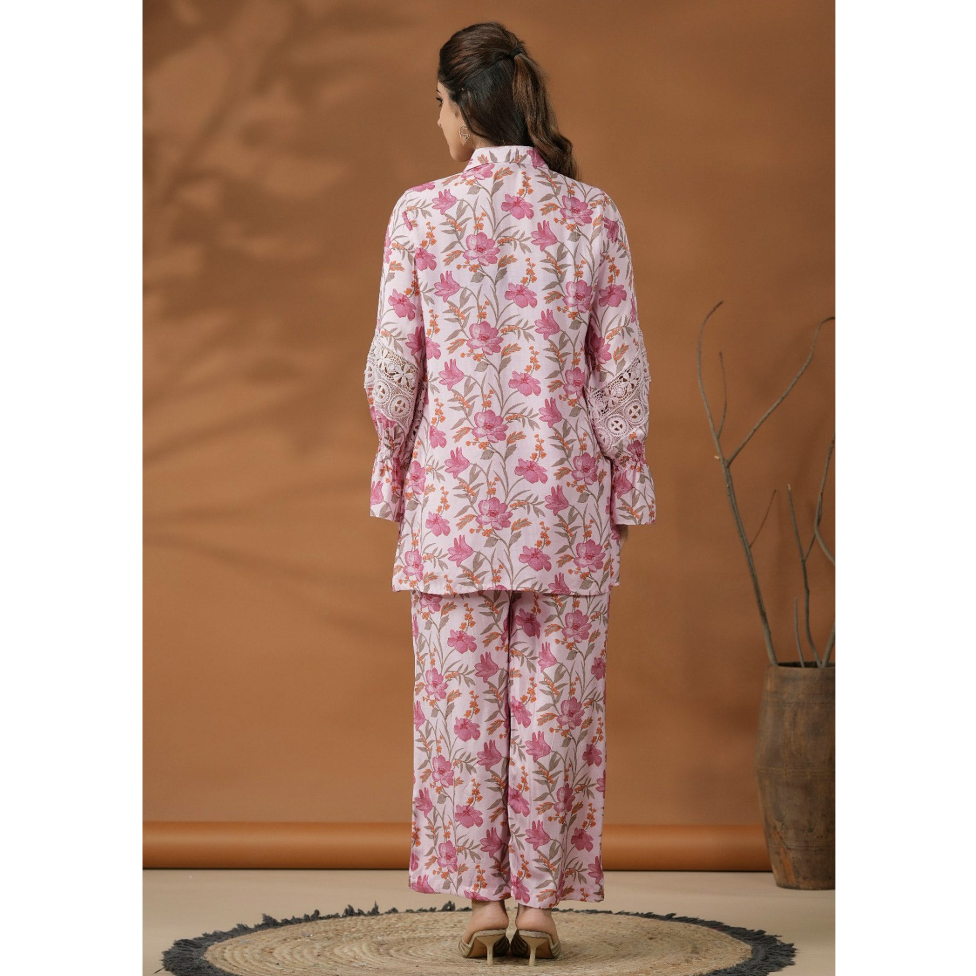Pink Floral Printed Muslin Co Ord Set