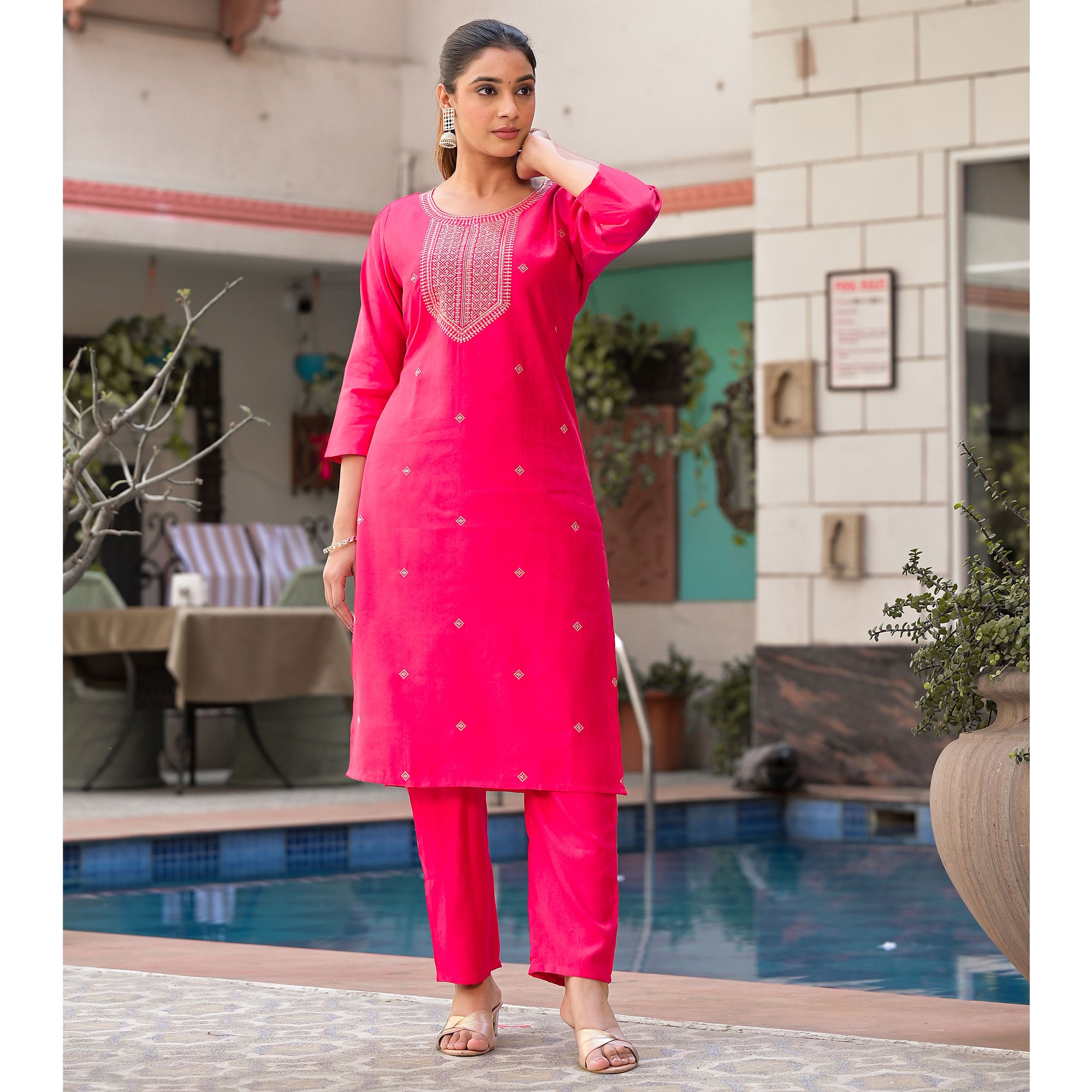 Pink Embroidered Viscose Straight Kurti Sets