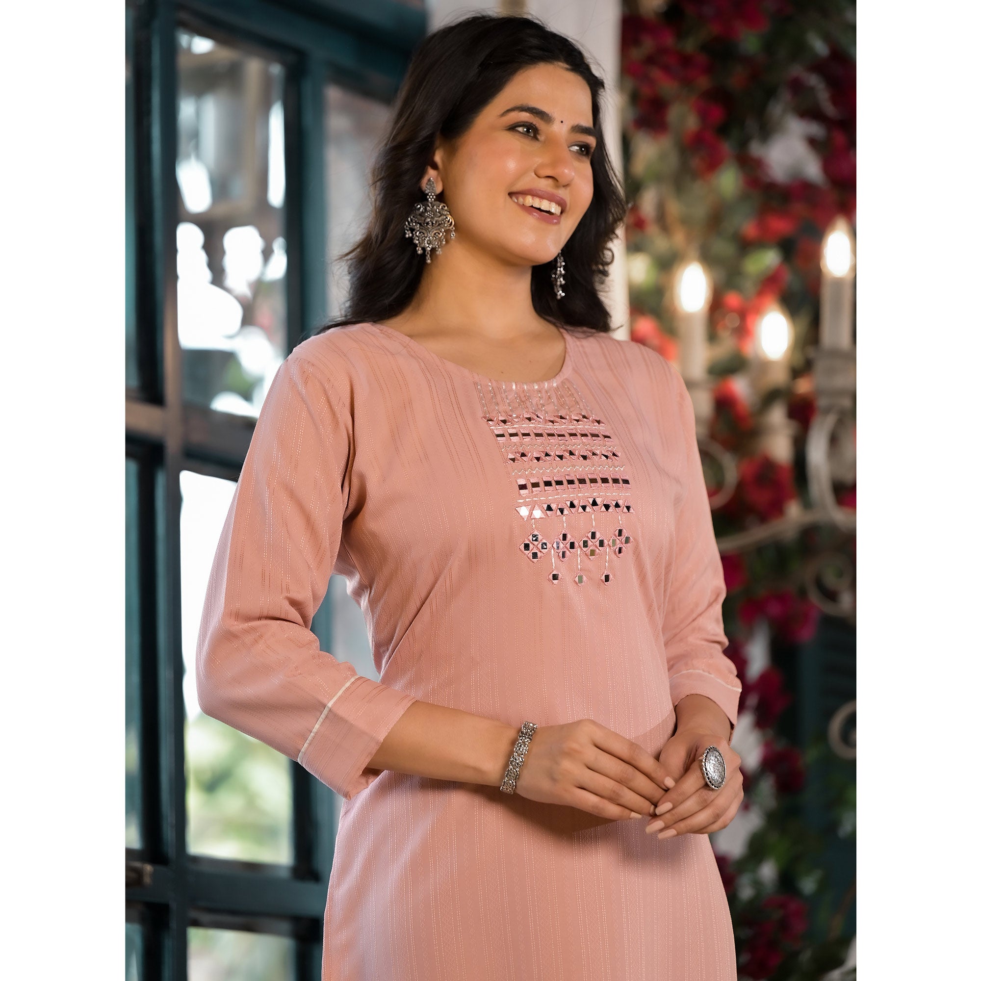 Peach Striped Embroidered Rayon Straight Kurti