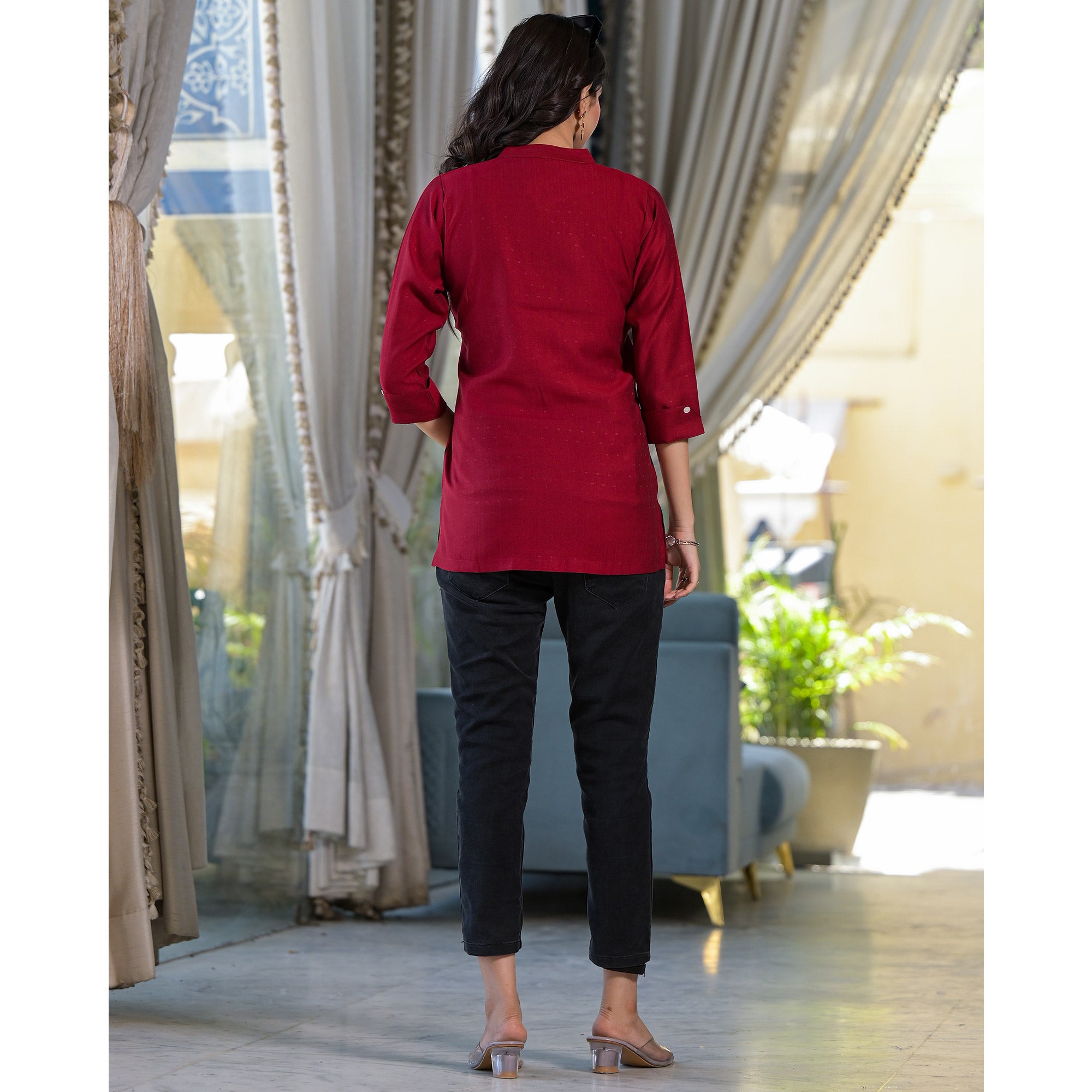 Maroon Solid Cotton Silk Straight Top
