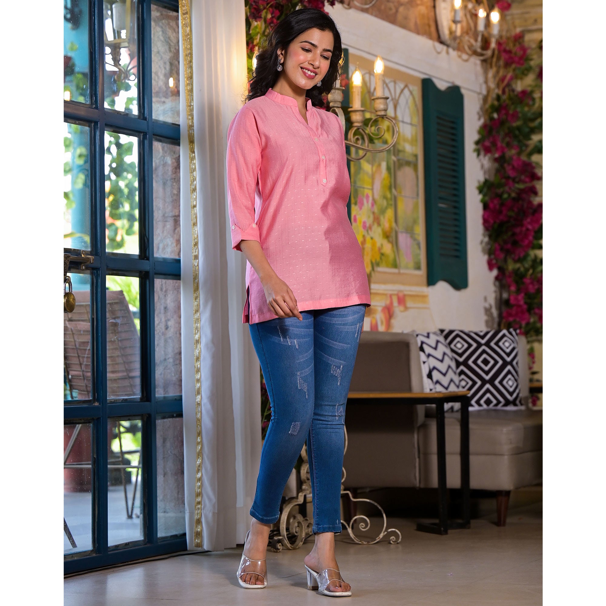 Pink Solid Cotton Silk Straight Top