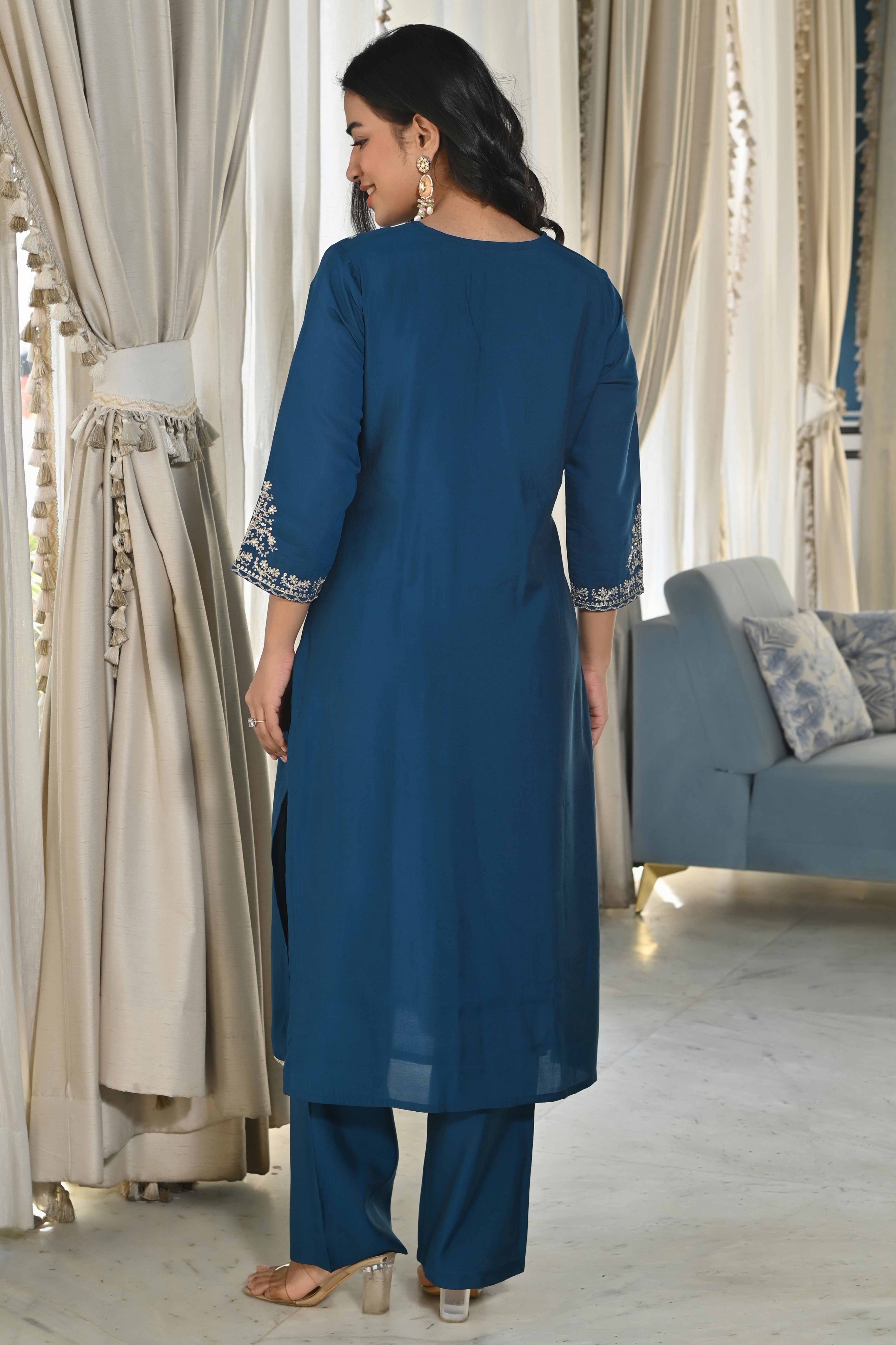 Blue Sequins Embroidered Chanderi Silk Salwar Suit