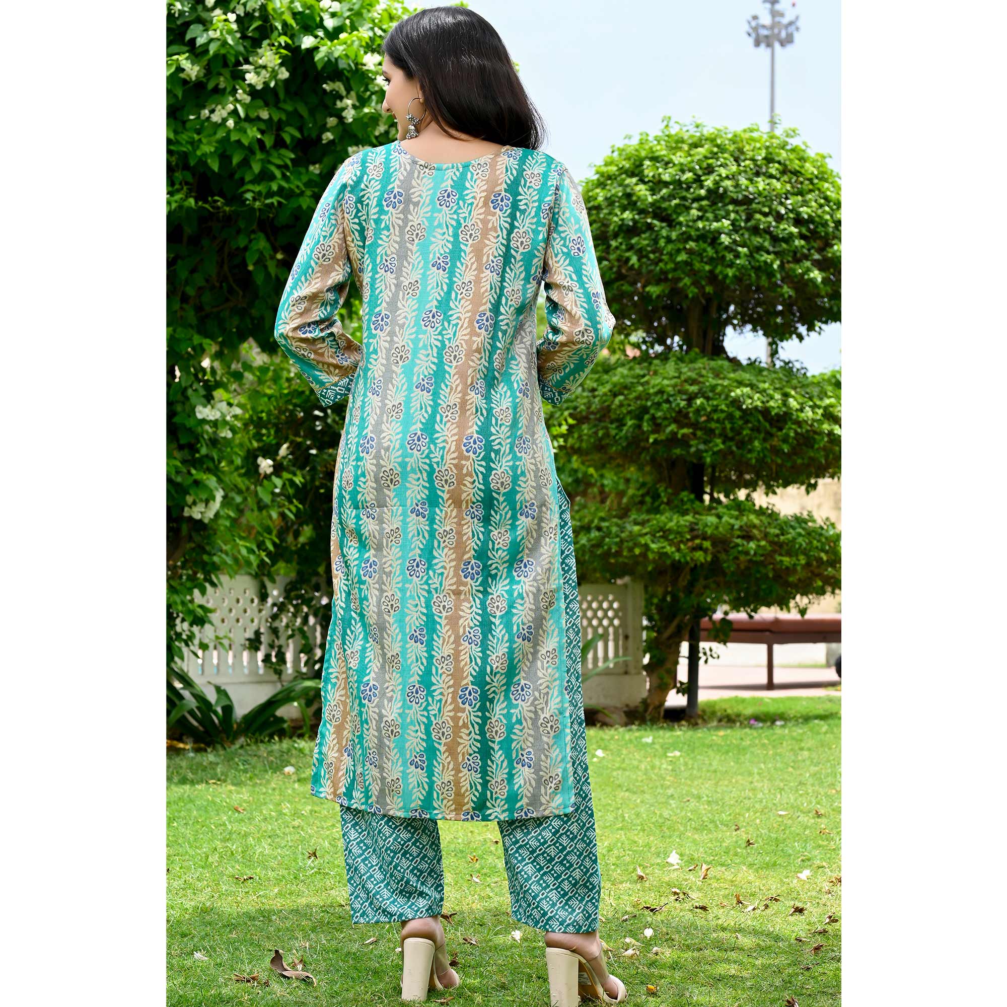Turquoise Floral Printed Rayon Salwar Suit